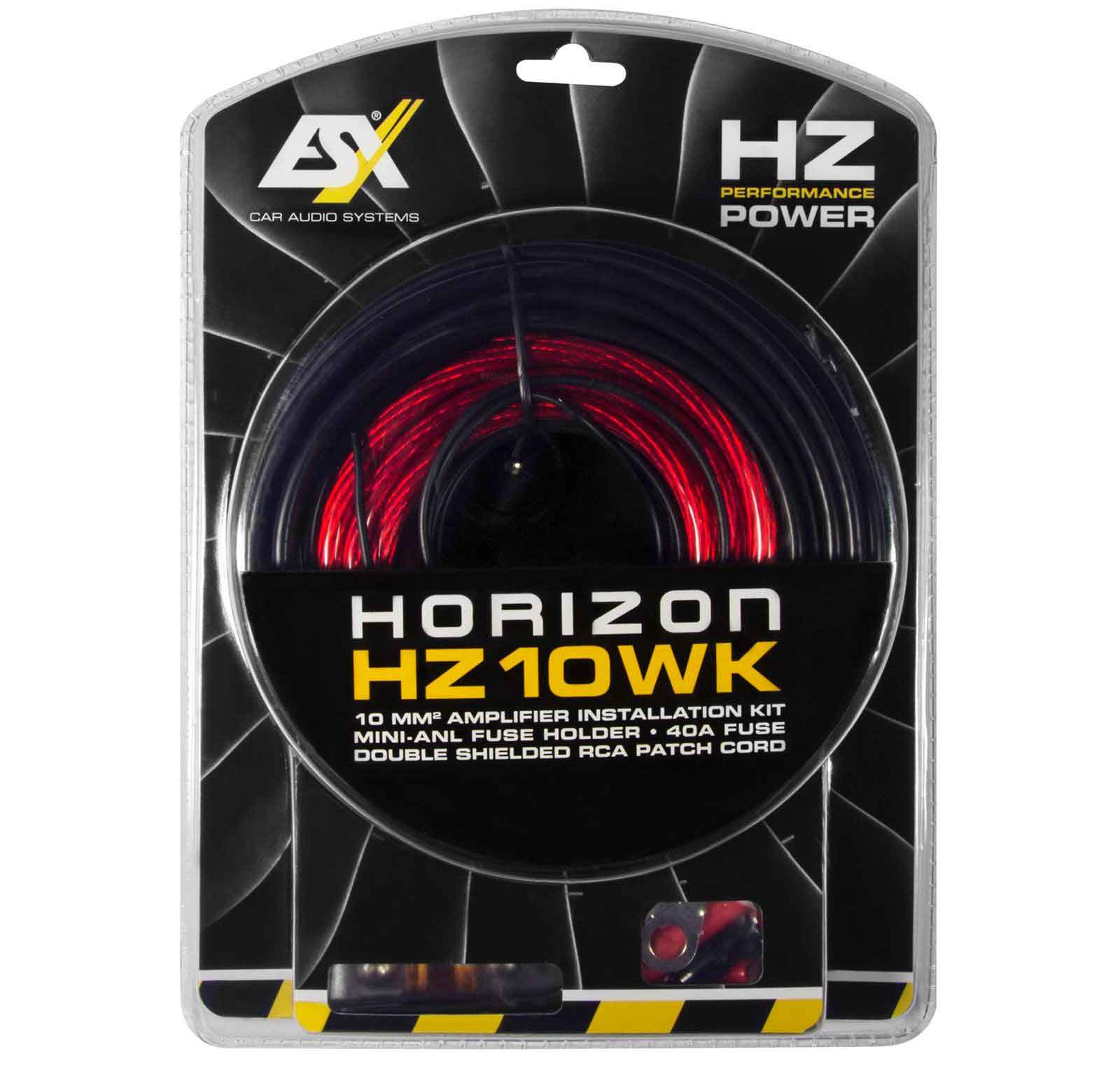 Verpackung für ein Auto-Audio-Installationskit mit roten und schwarzen Kabeln.