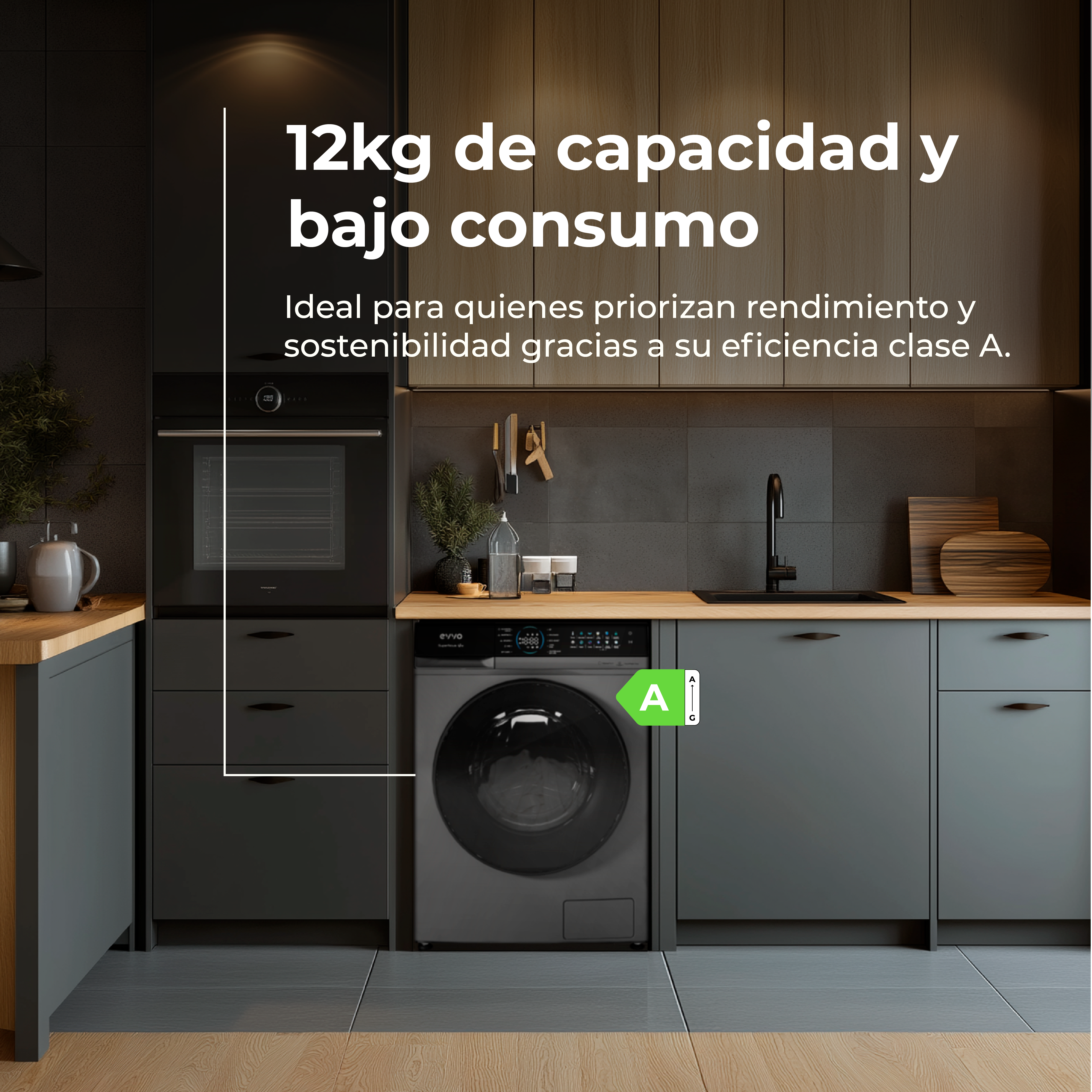 Cocina moderna con lavadora de eficiencia energética clase A.