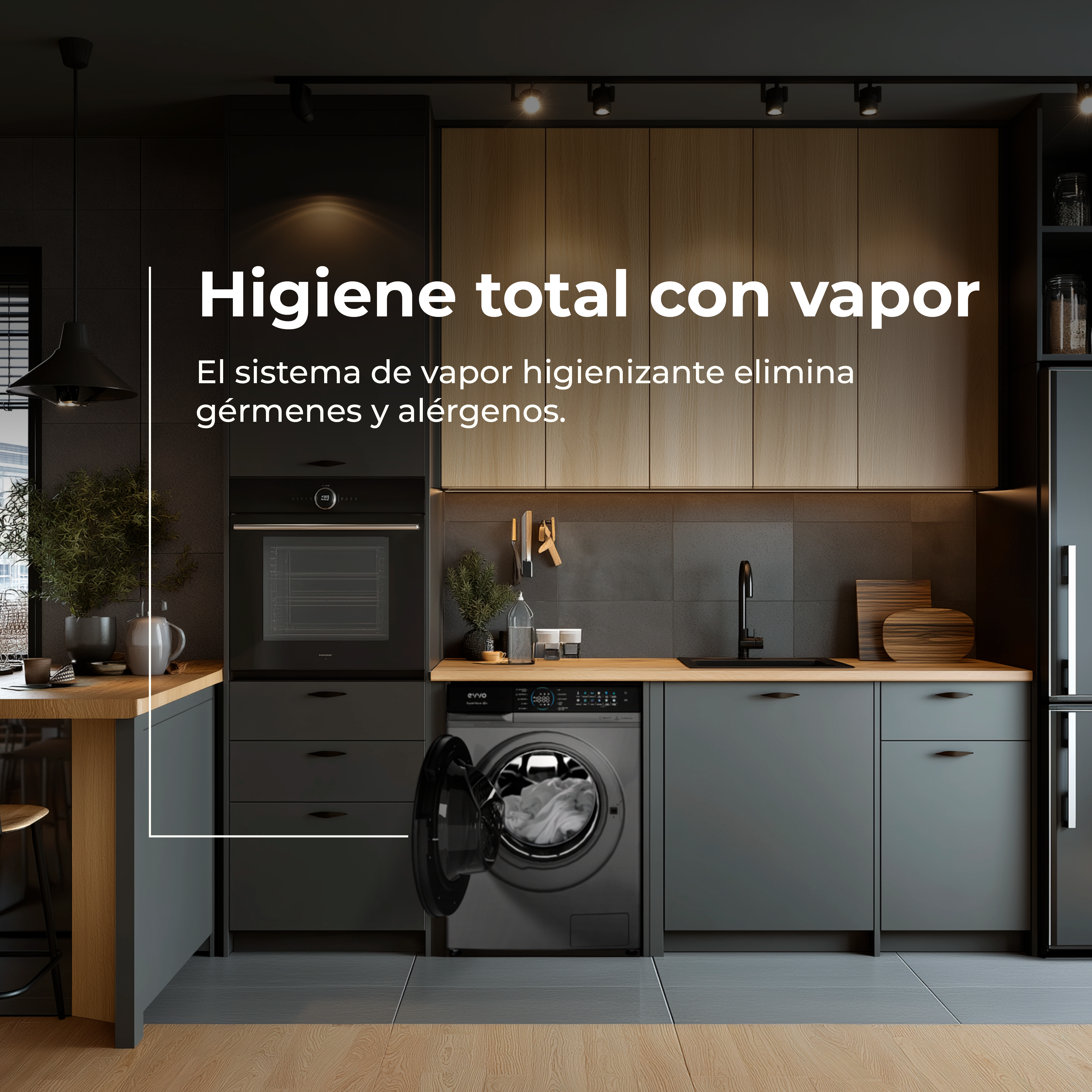Cocina moderna con lavadora, horno y armarios de madera. Higiene total con vapor.