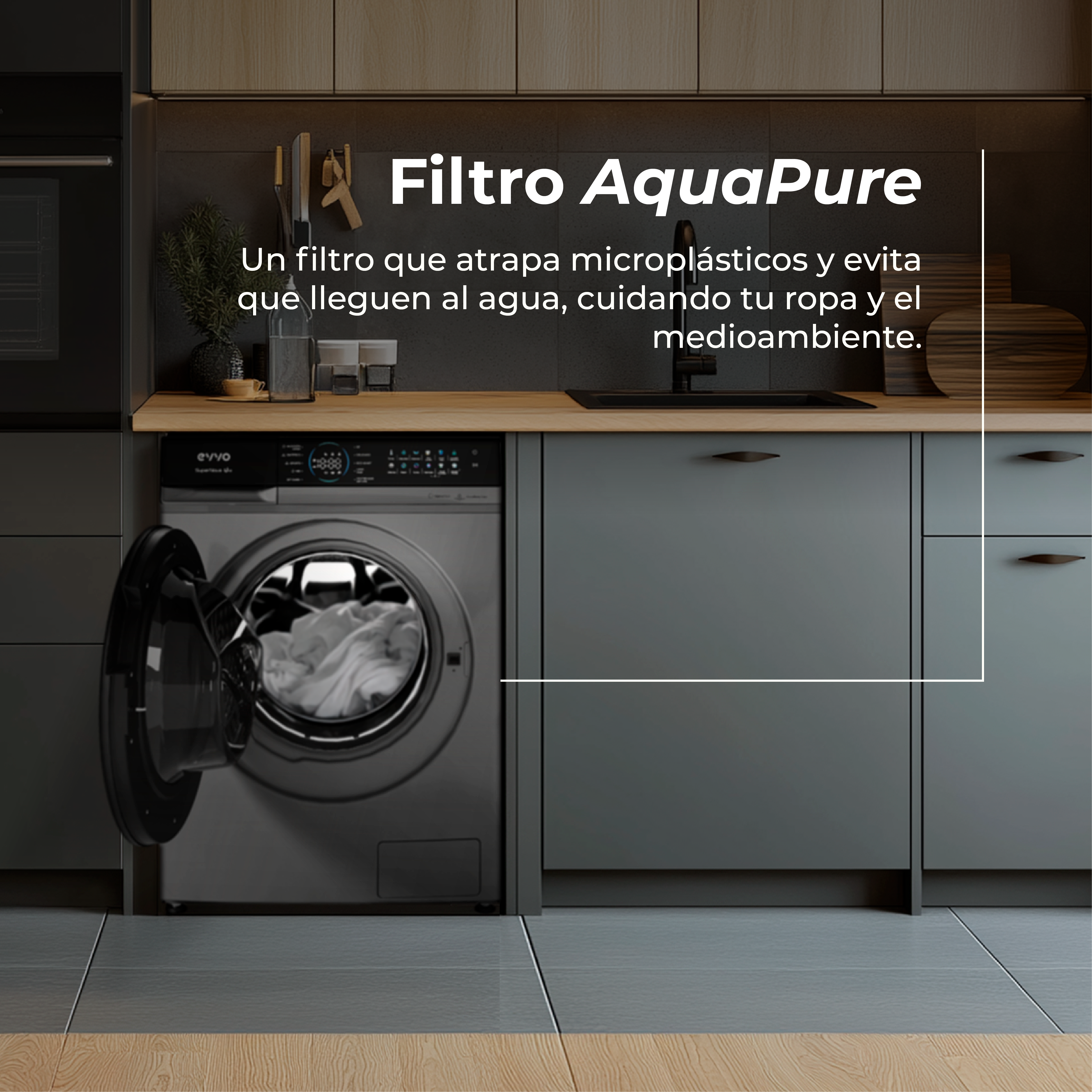 Una lavadora con la puerta abierta en una cocina moderna. Filtro AquaPure.