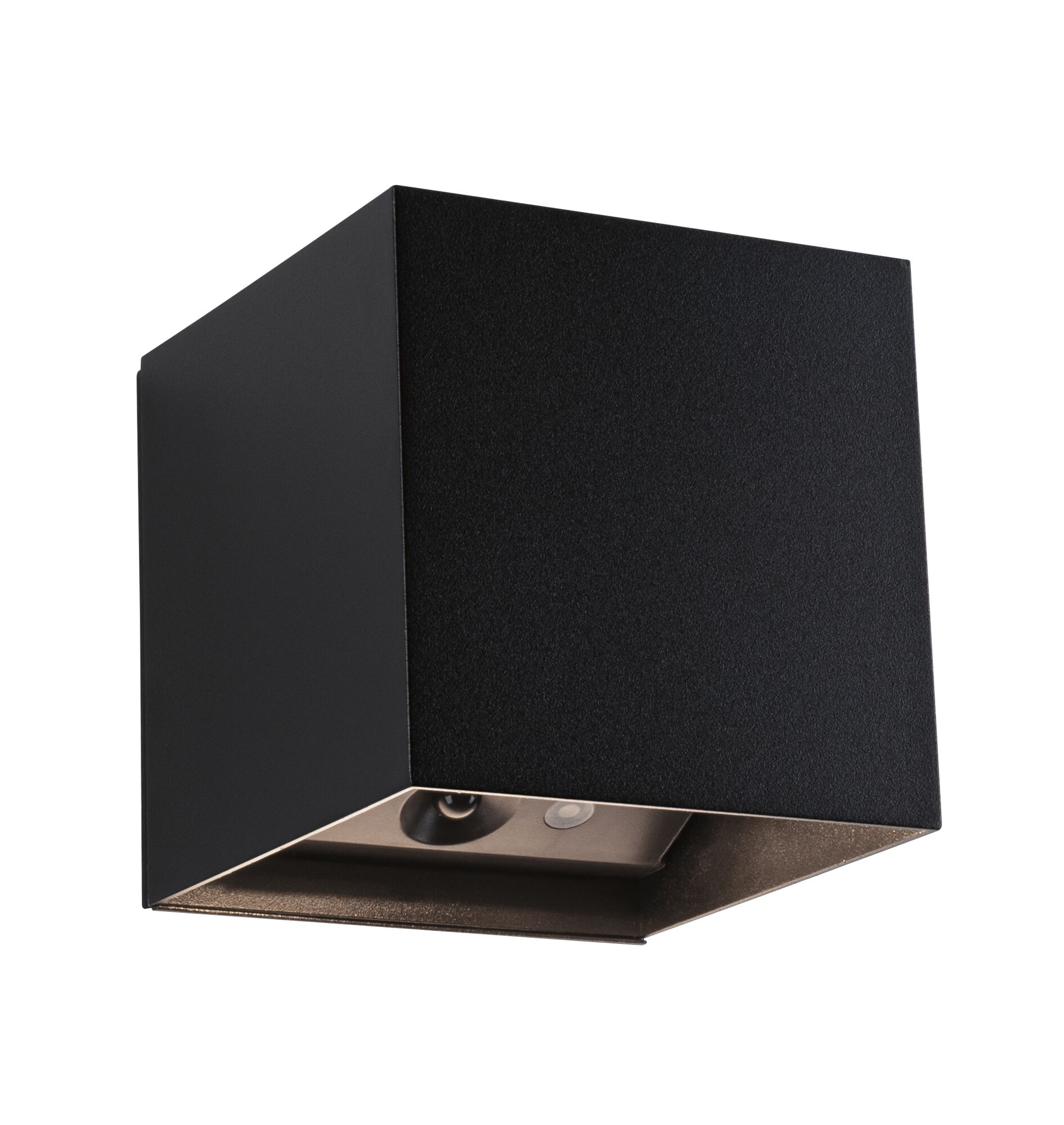 Czarna kostka kinkietowa z otwartą dolną komorą i żarówką.