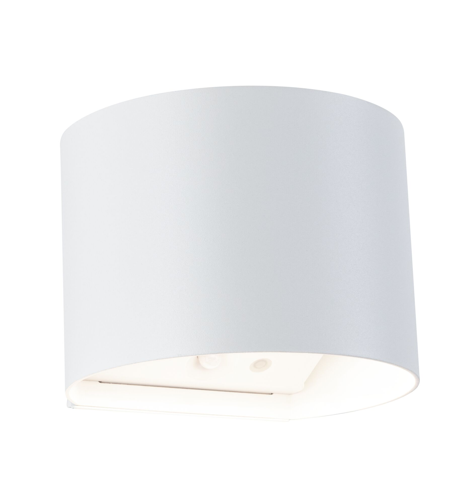 Biała, zakrzywiona lampa ścienna z dwoma widocznymi źródłami światła.