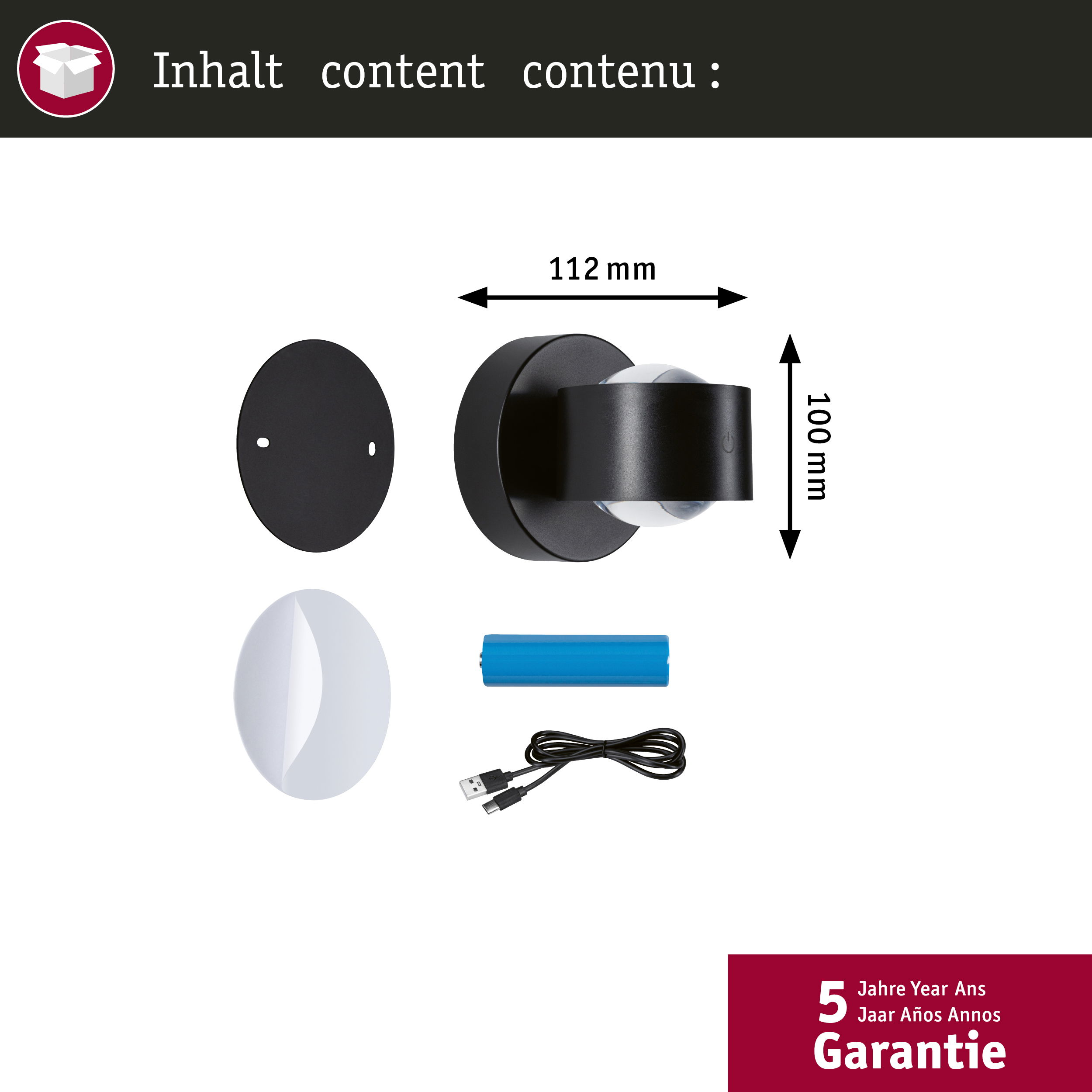 Czarny kinkiet, biała osłona, niebieska bateria i kabel USB.