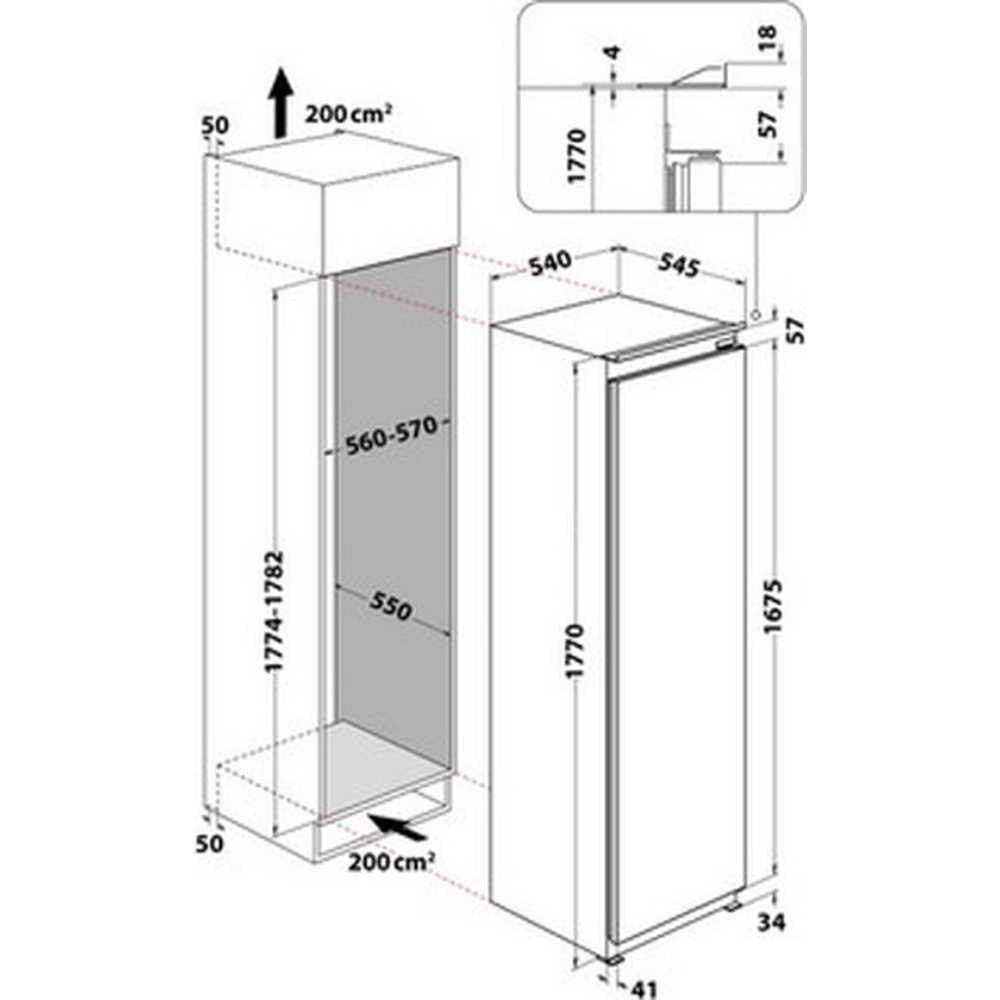 Technical drawing of a refrigerator with dimensions and details.