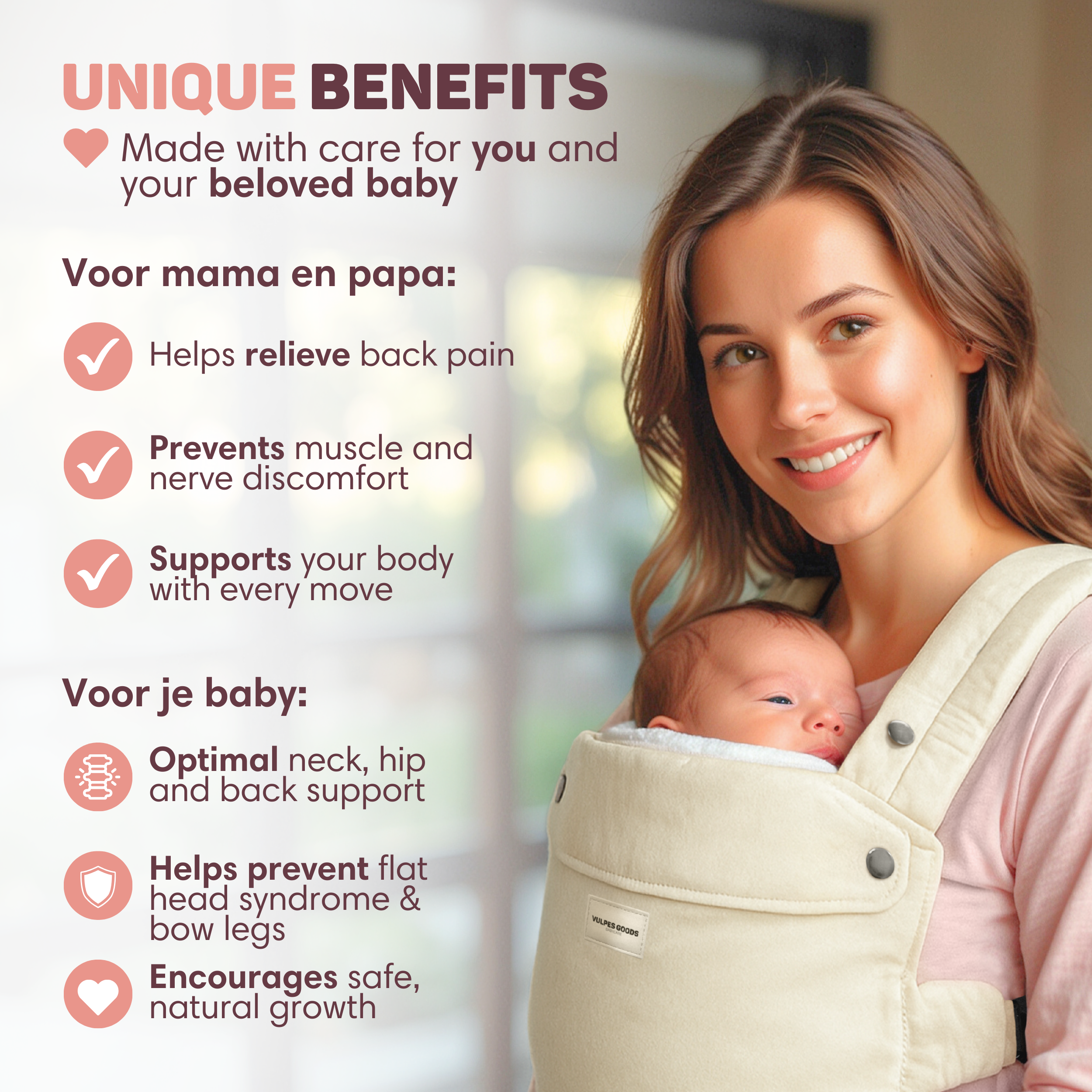 Vrouw met baby in draagzak. Tekst somt voordelen op.