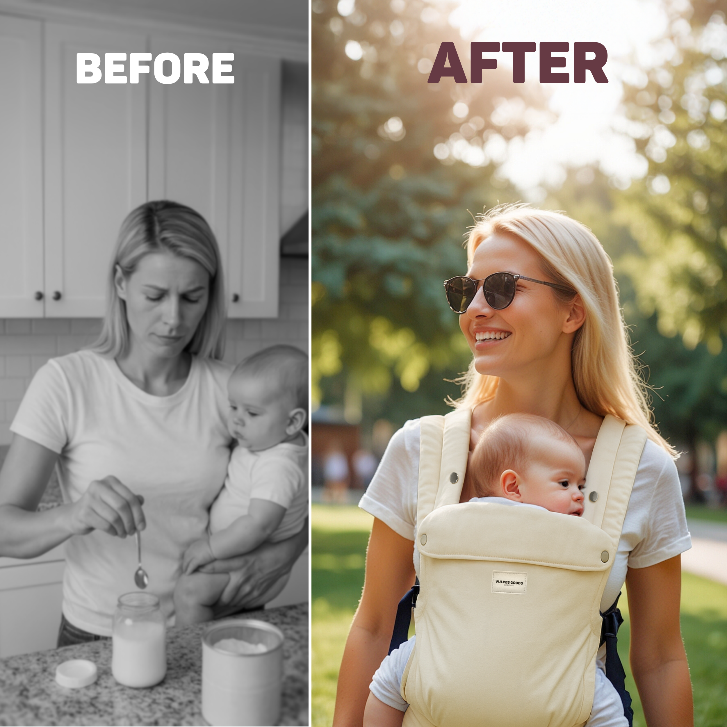 Voor: Vrouw maakt babyvoeding klaar in keuken. Na: Vrouw lacht buiten met baby in draagzak.