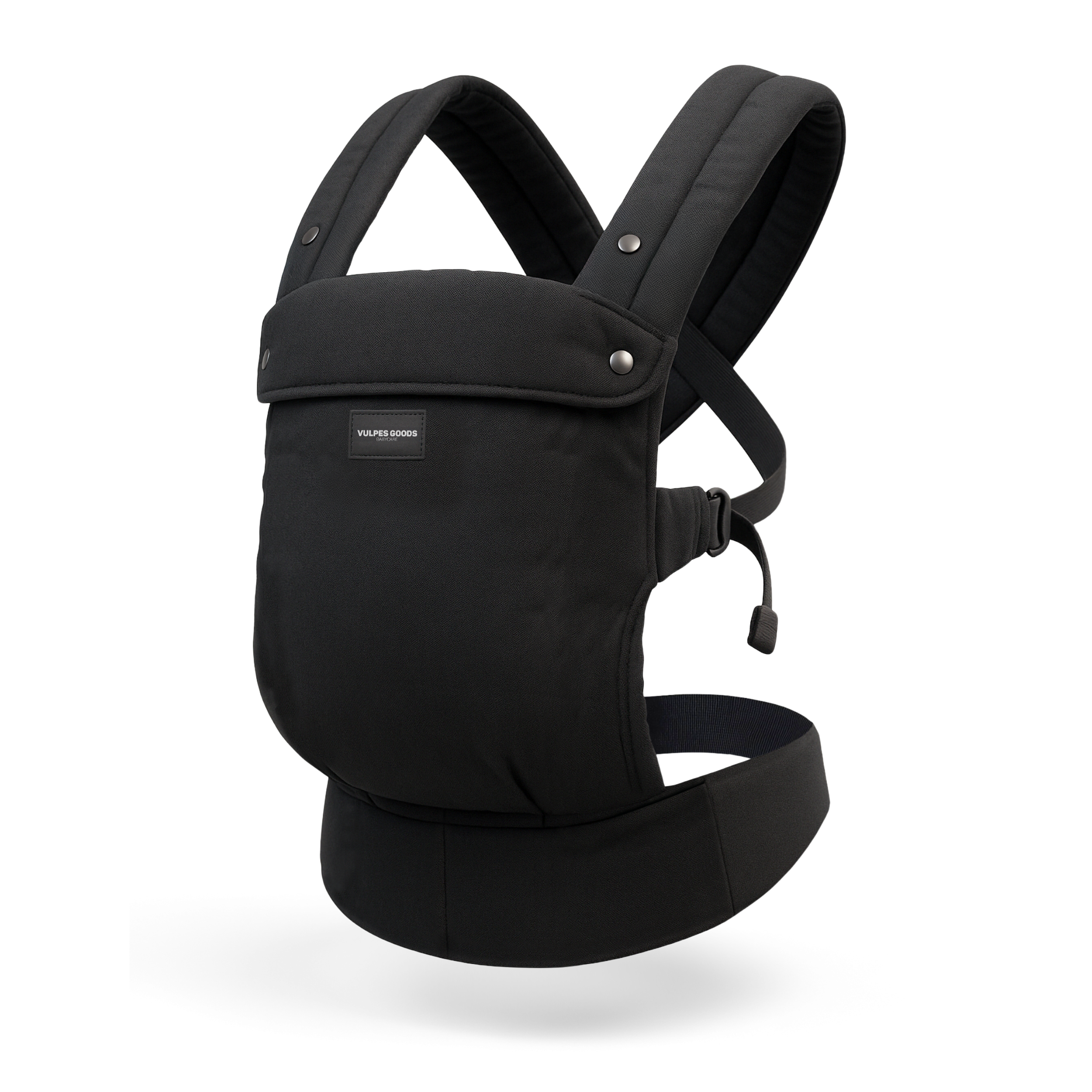 Zwarte babydrager met gewatteerde banden en een label.
