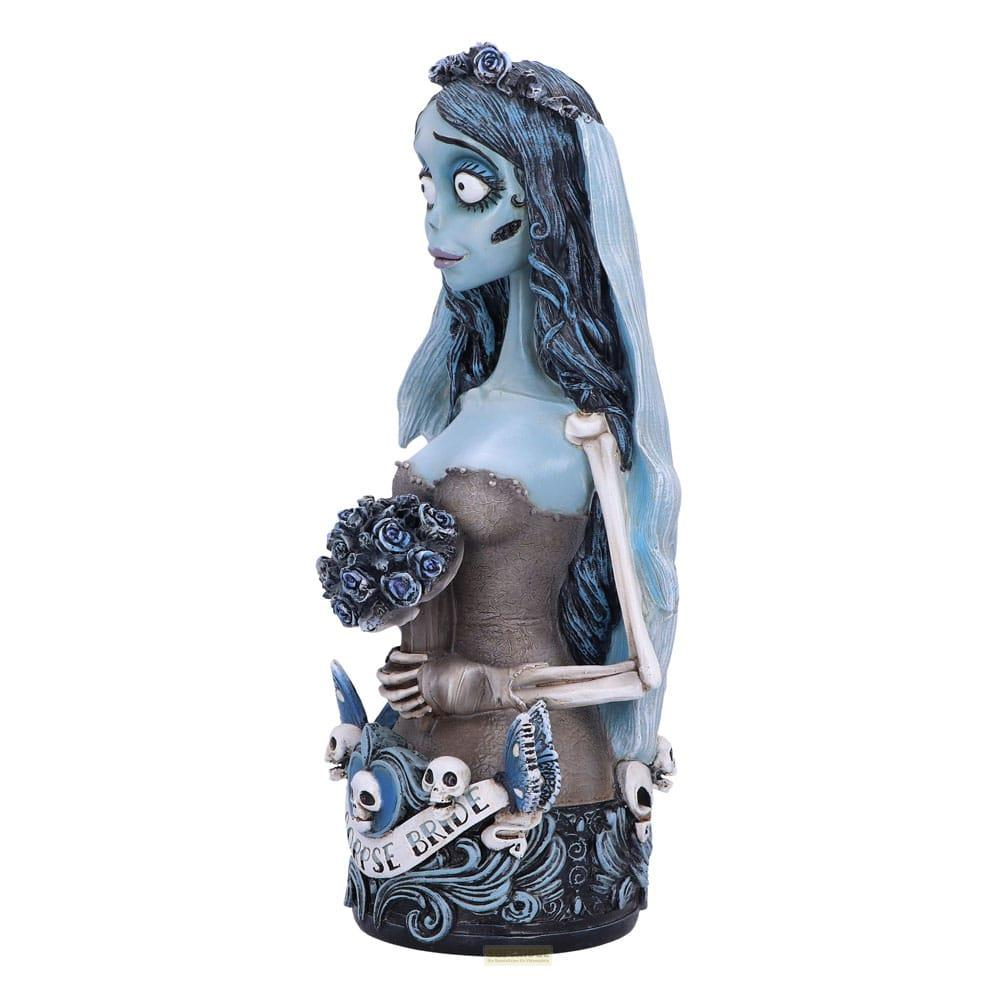 Eine blaue Brautfigur mit Schleier, Brautstrauß und Totenköpfen.