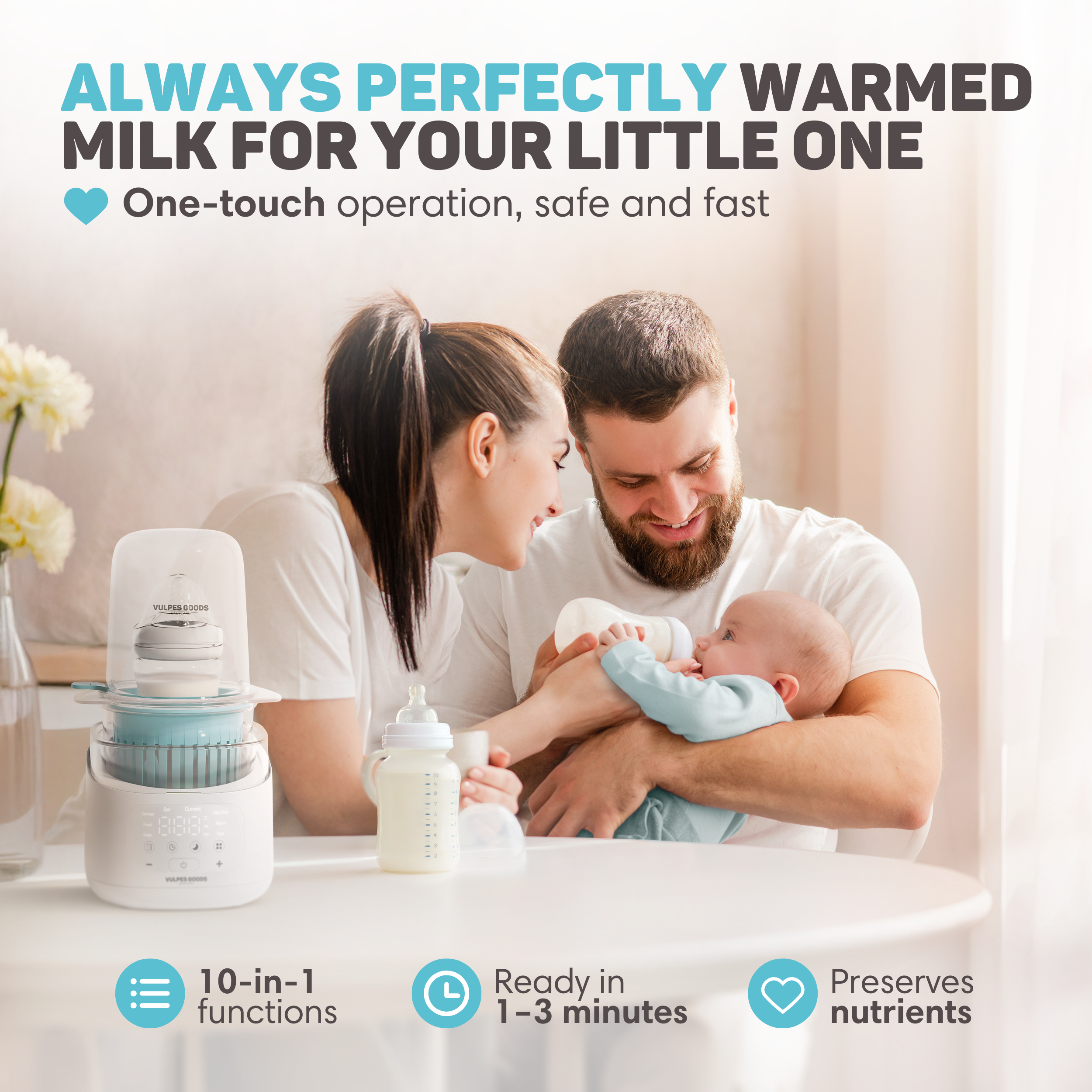Ouders voeden baby met fles naast flessenwarmer. Functiedetails.