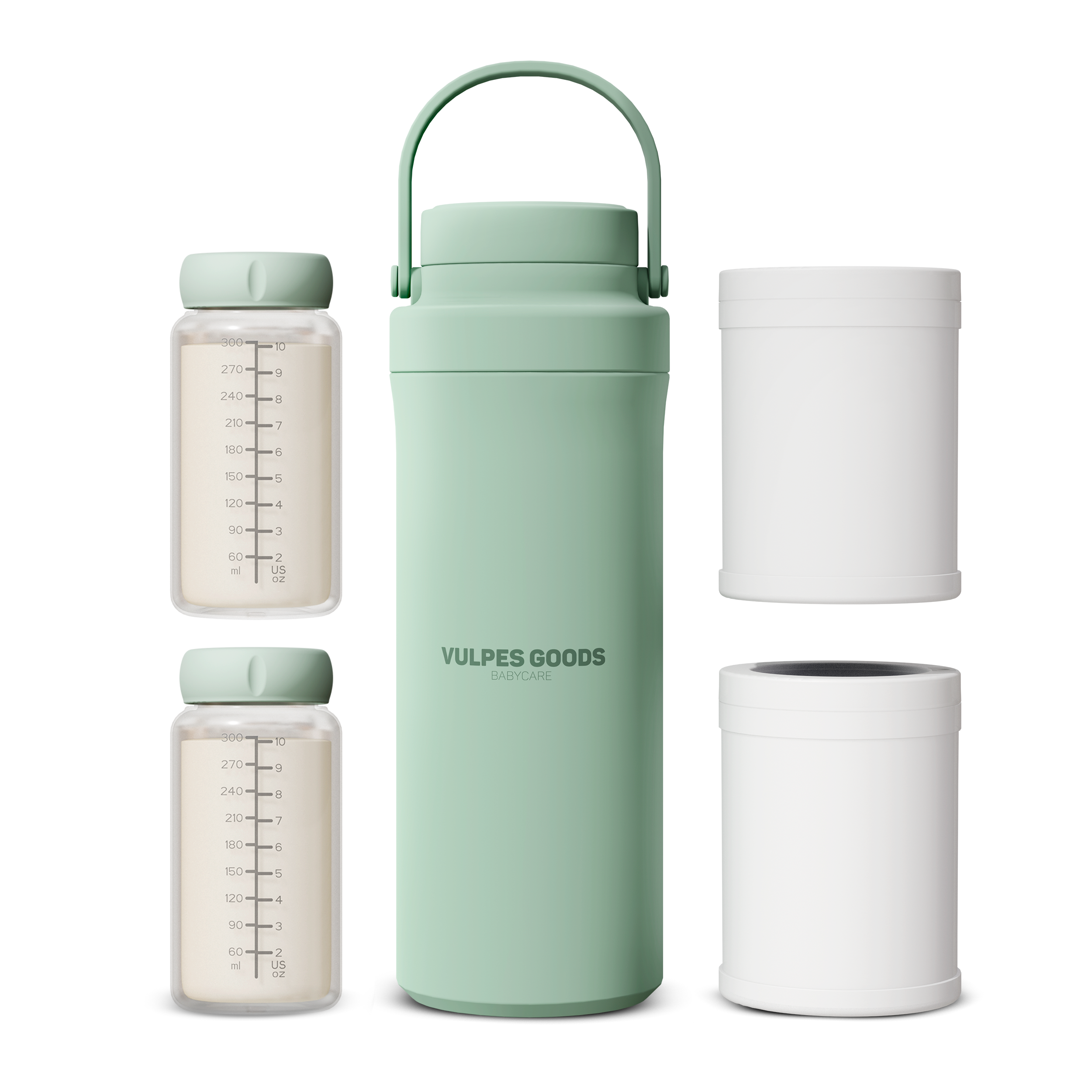 Een groene thermische container met twee maatbekers en twee witte containers.
