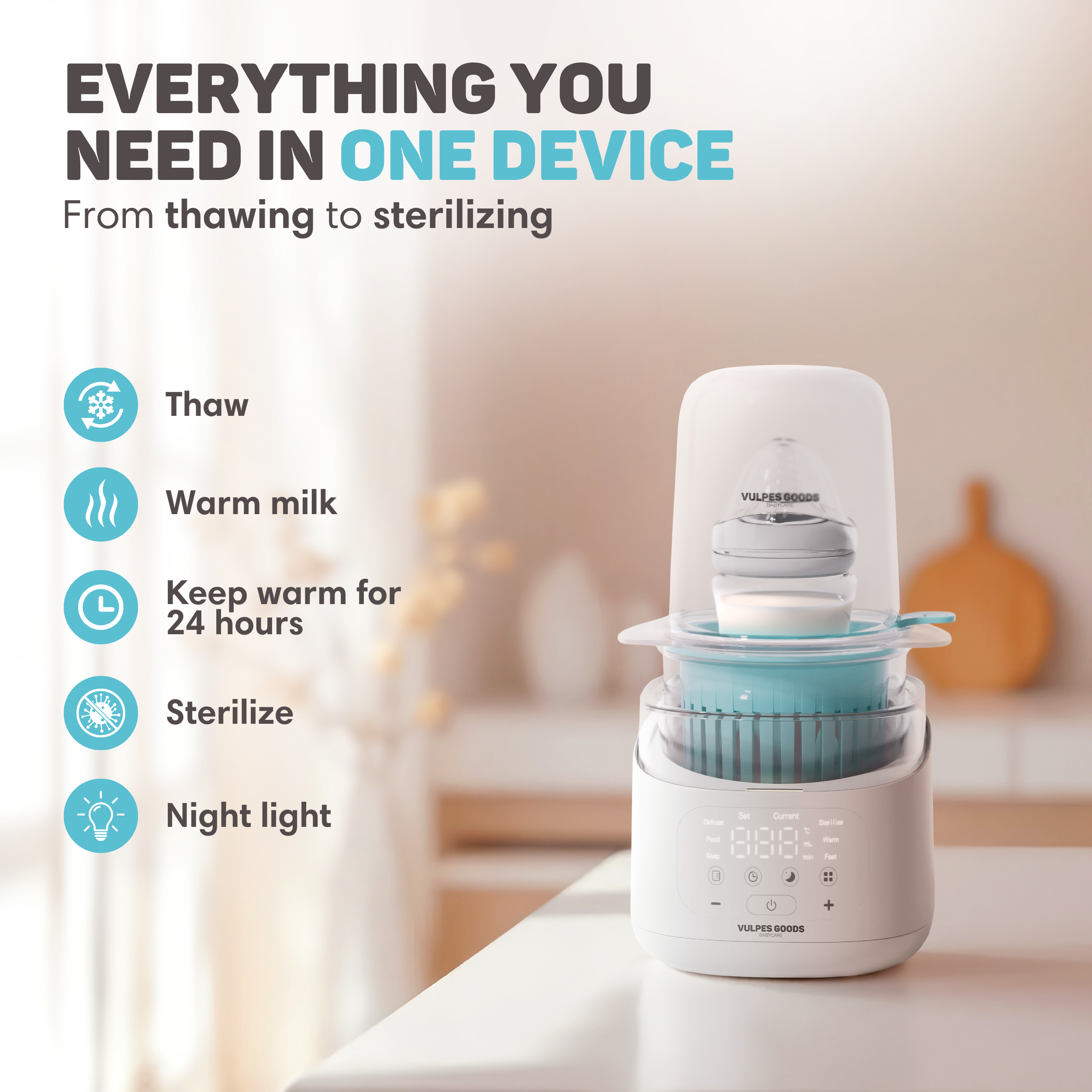Een witte babyflesverwarmer met digitaal display, inclusief ontdooien, opwarmen en steriliseren.