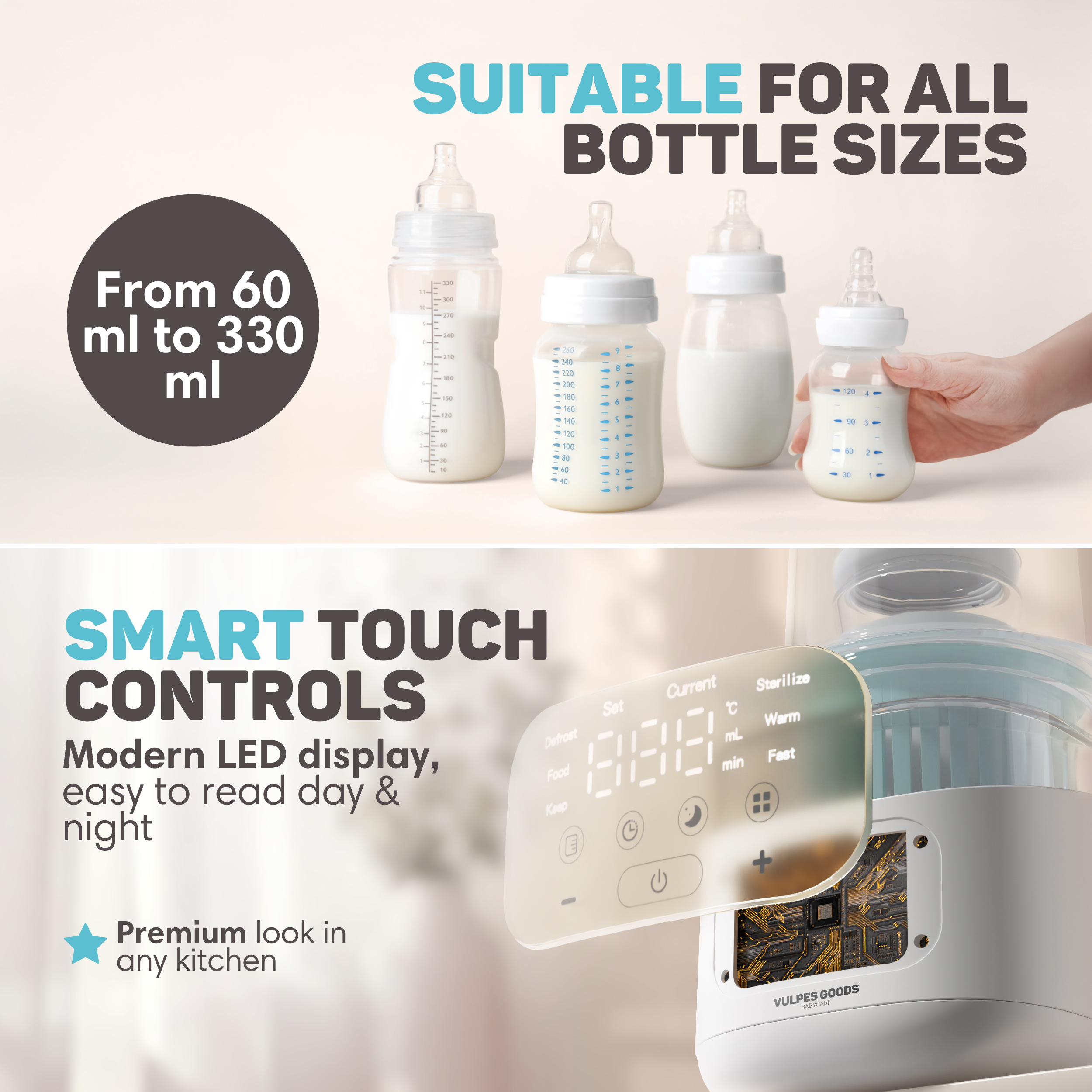 Babyflessen van 60-330ml, sterilisator met touchscreen en LED-display.