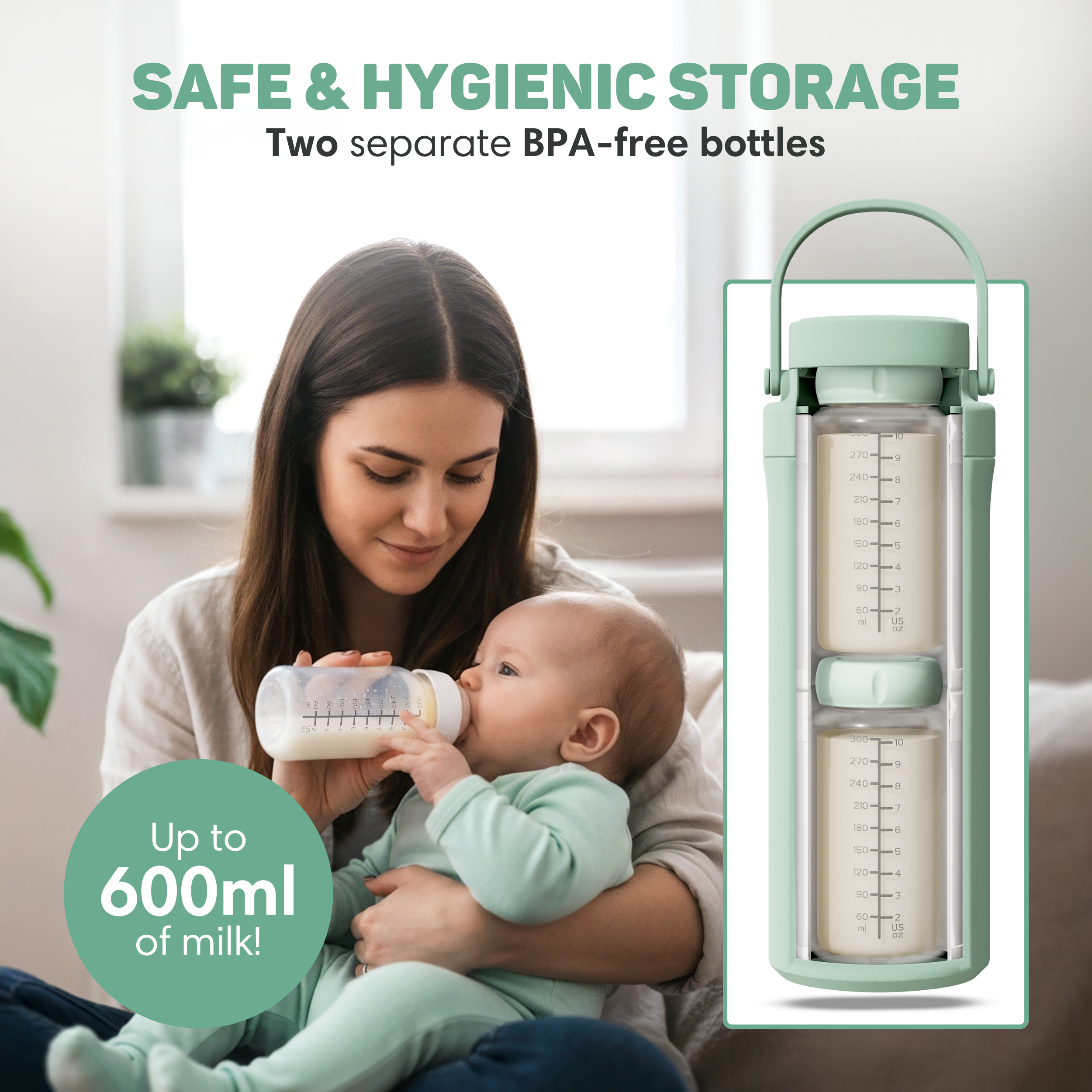 Moeder voedt baby met fles naast twee bewaarflessen.