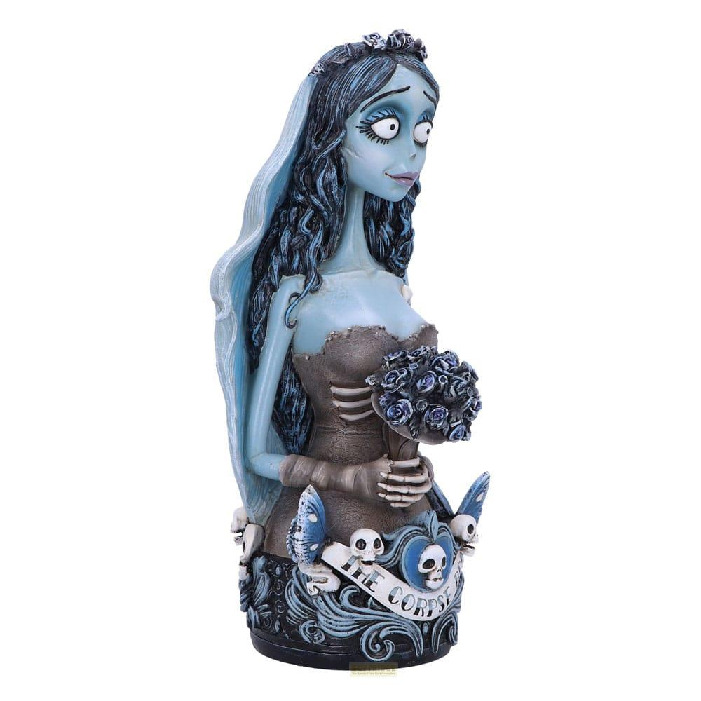 Eine Figur der Braut aus Corpse Bride mit blauem Haar und einem Brautstrauß.