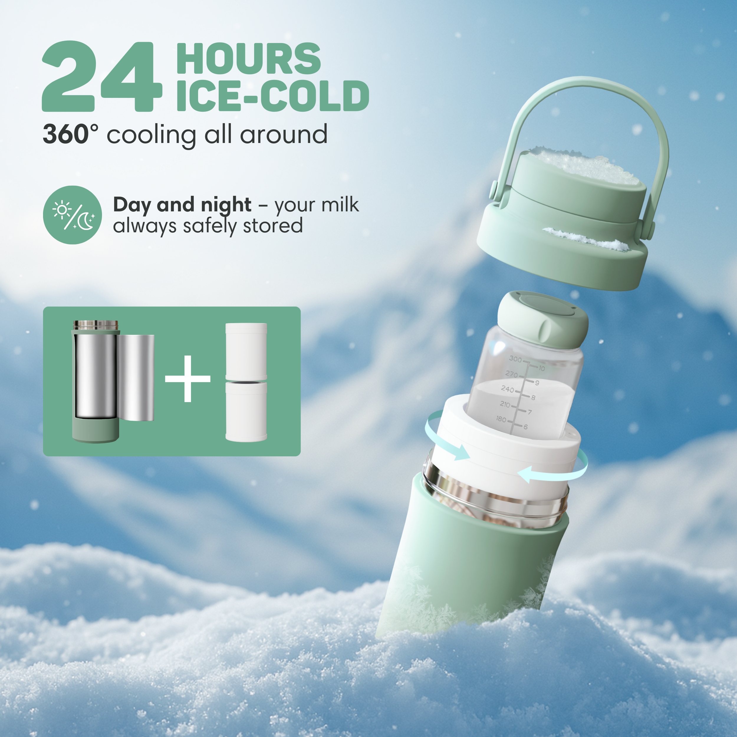 Een groene thermos met ijs en sneeuw, houdt melk 24 uur koud.