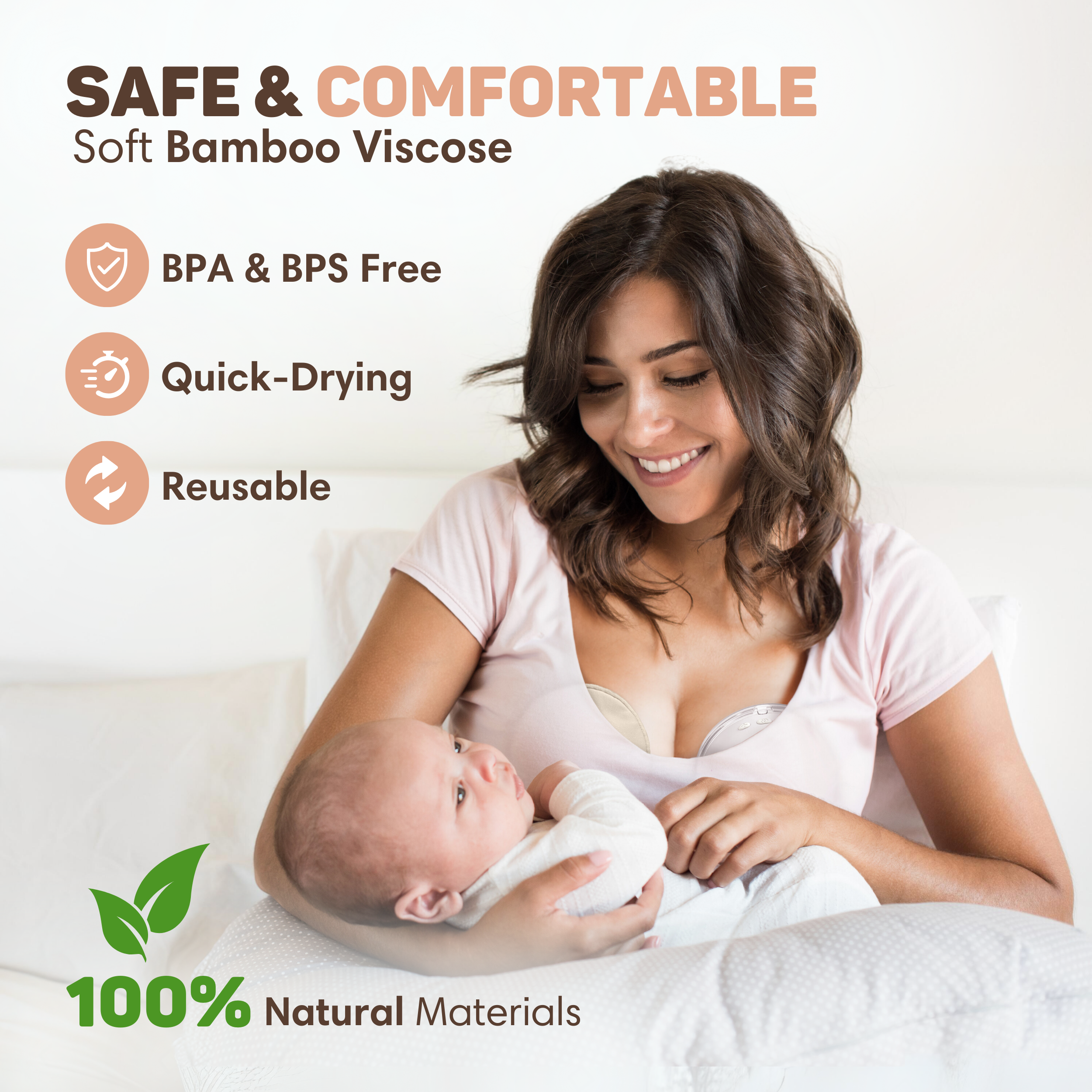 A mother holds her baby and smiles. Text highlights safe, comfortable products.