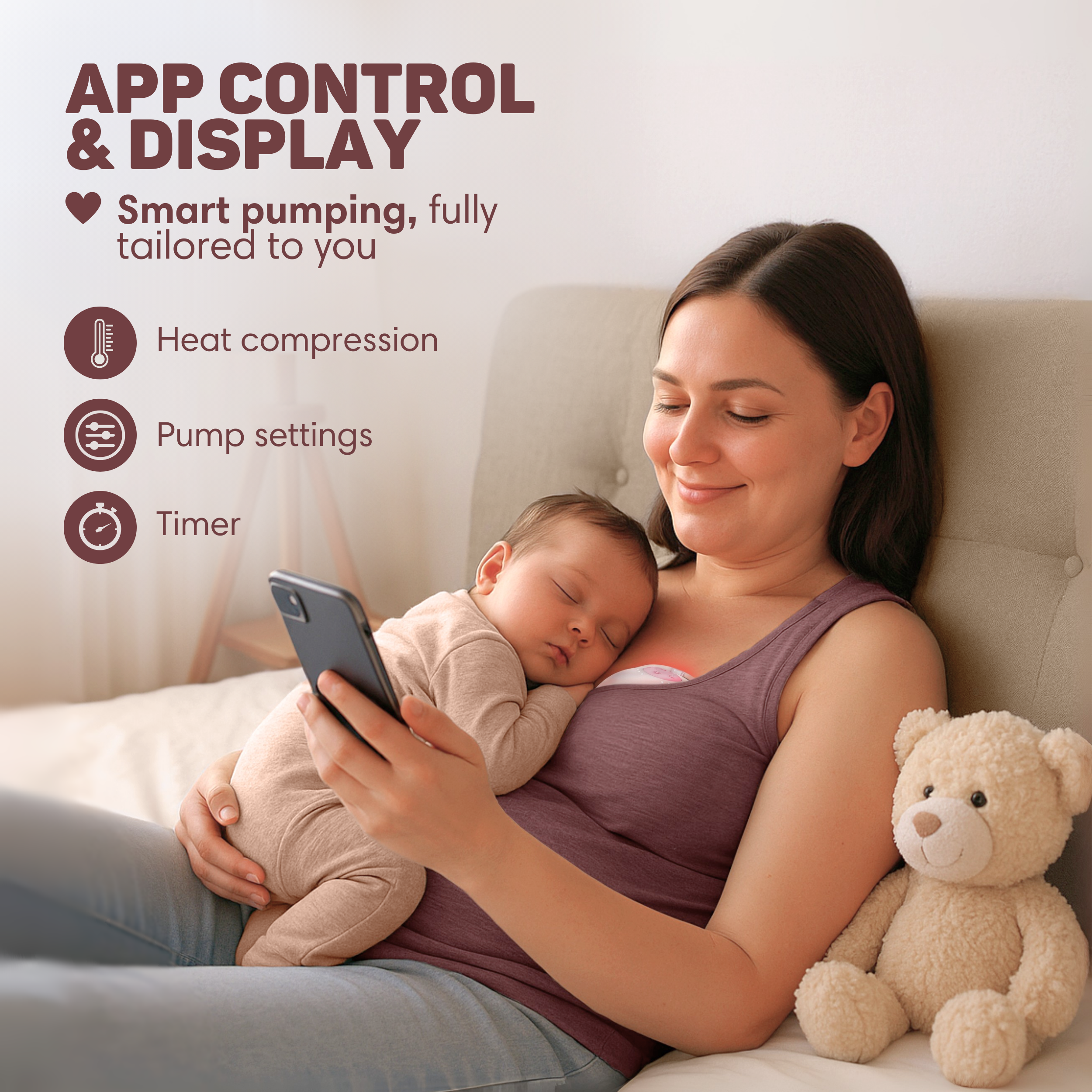 Een vrouw houdt een slapende baby op haar borst vast en gebruikt een smartphone. App-bedieningsfuncties worden vermeld.
