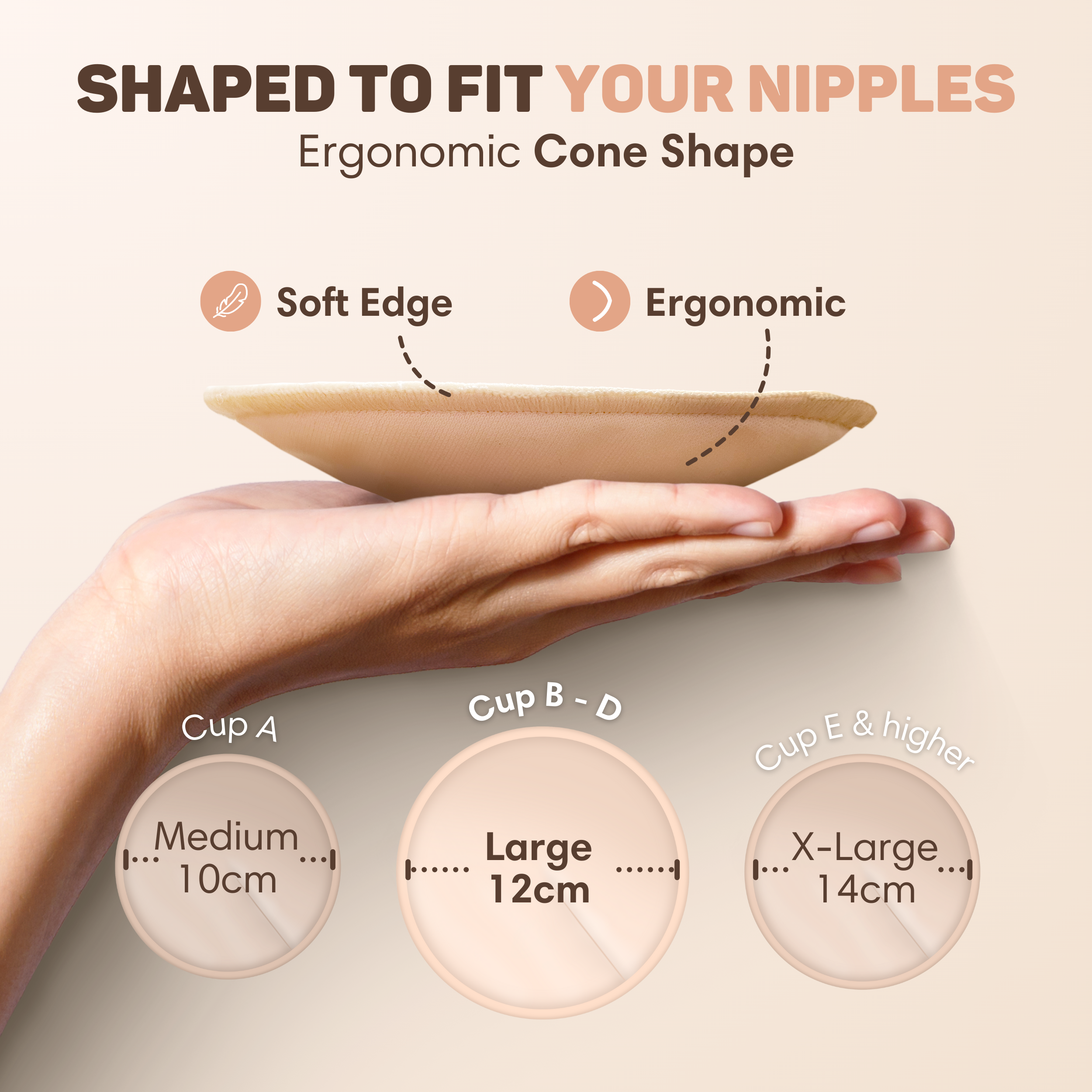 A hand holds a soft, ergonomic nipple pad in three sizes.