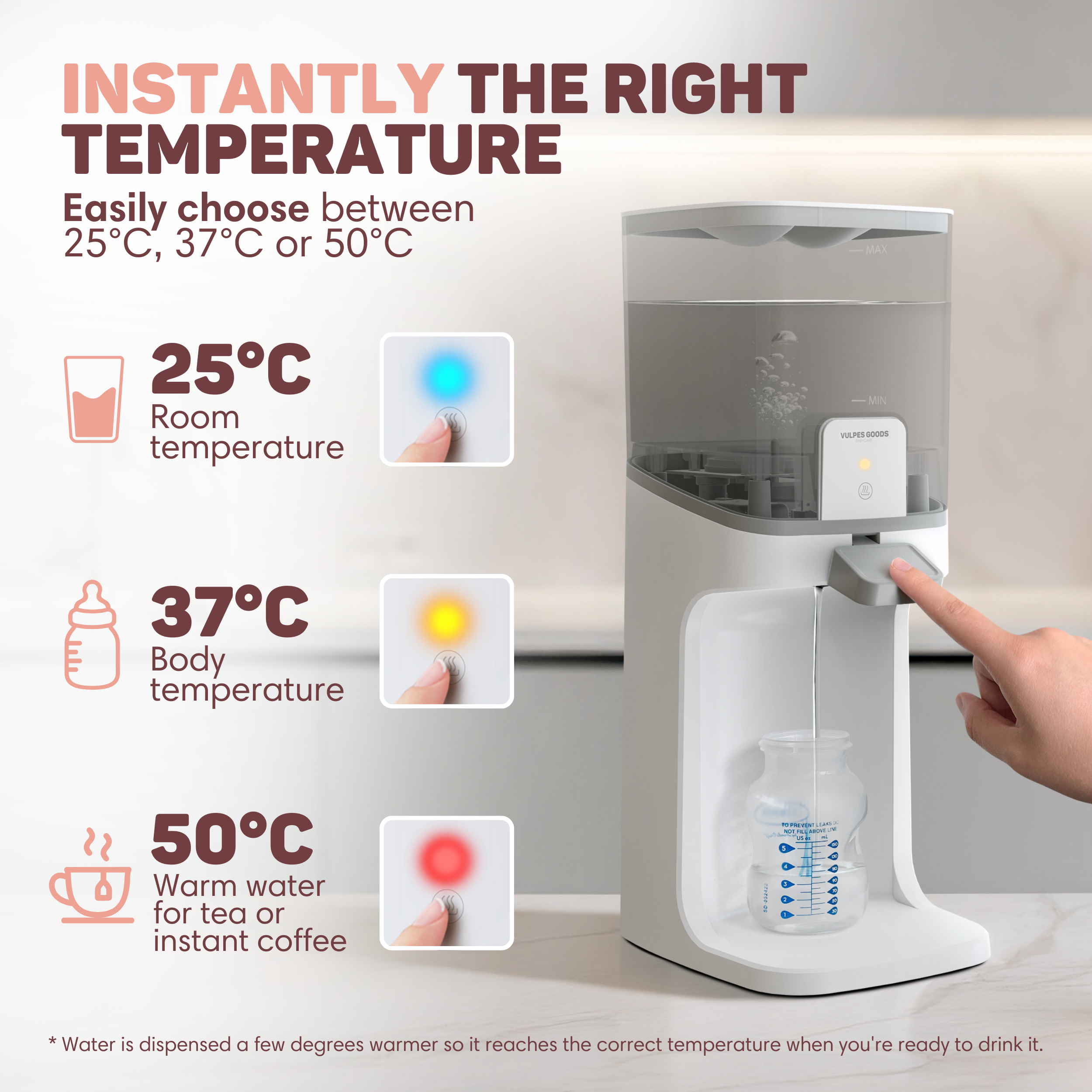 Een waterdispenser met drie temperatuurinstellingen: 25°C, 37°C, 50°C.