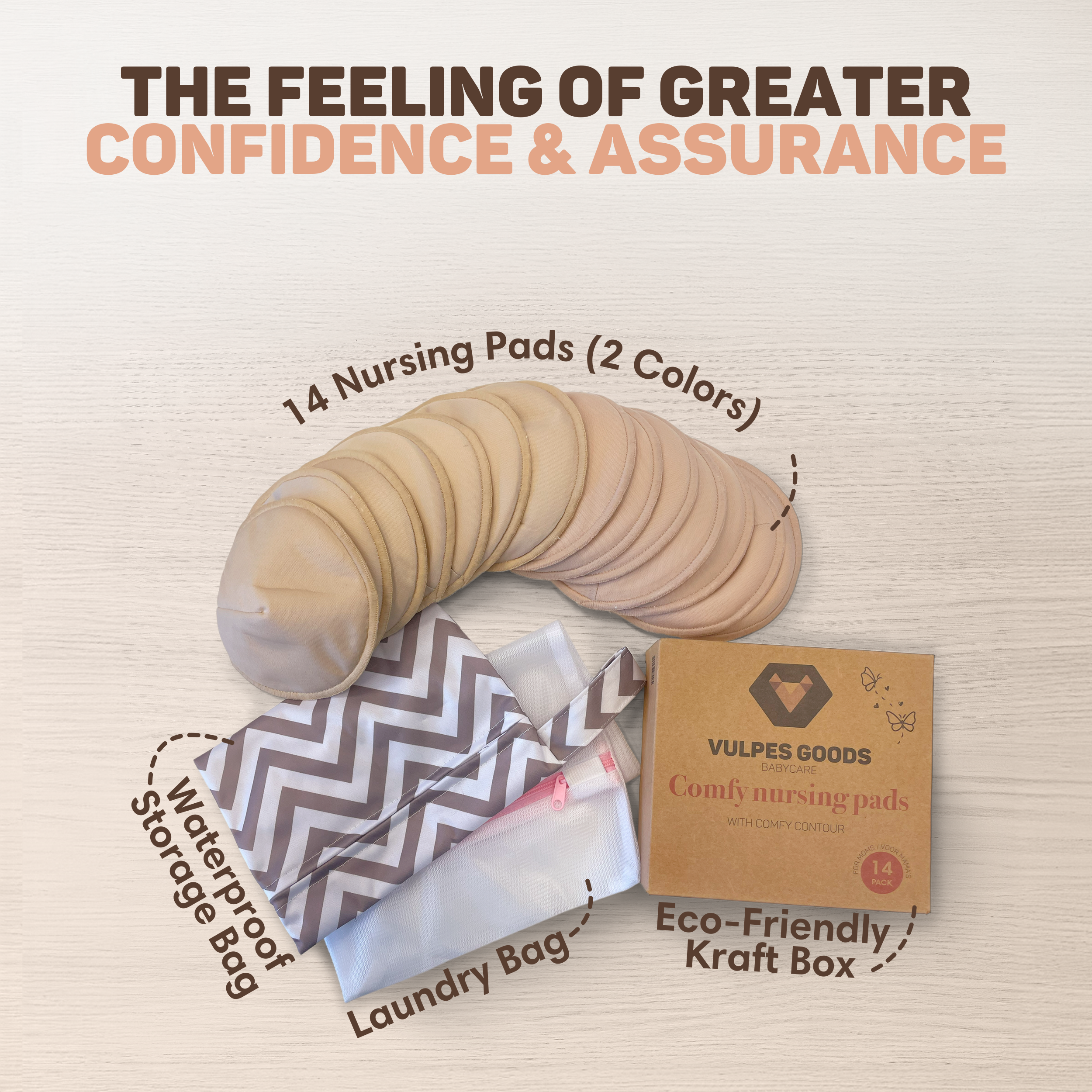 14 nude and beige nursing pads with a waterproof storage bag and laundry bag.