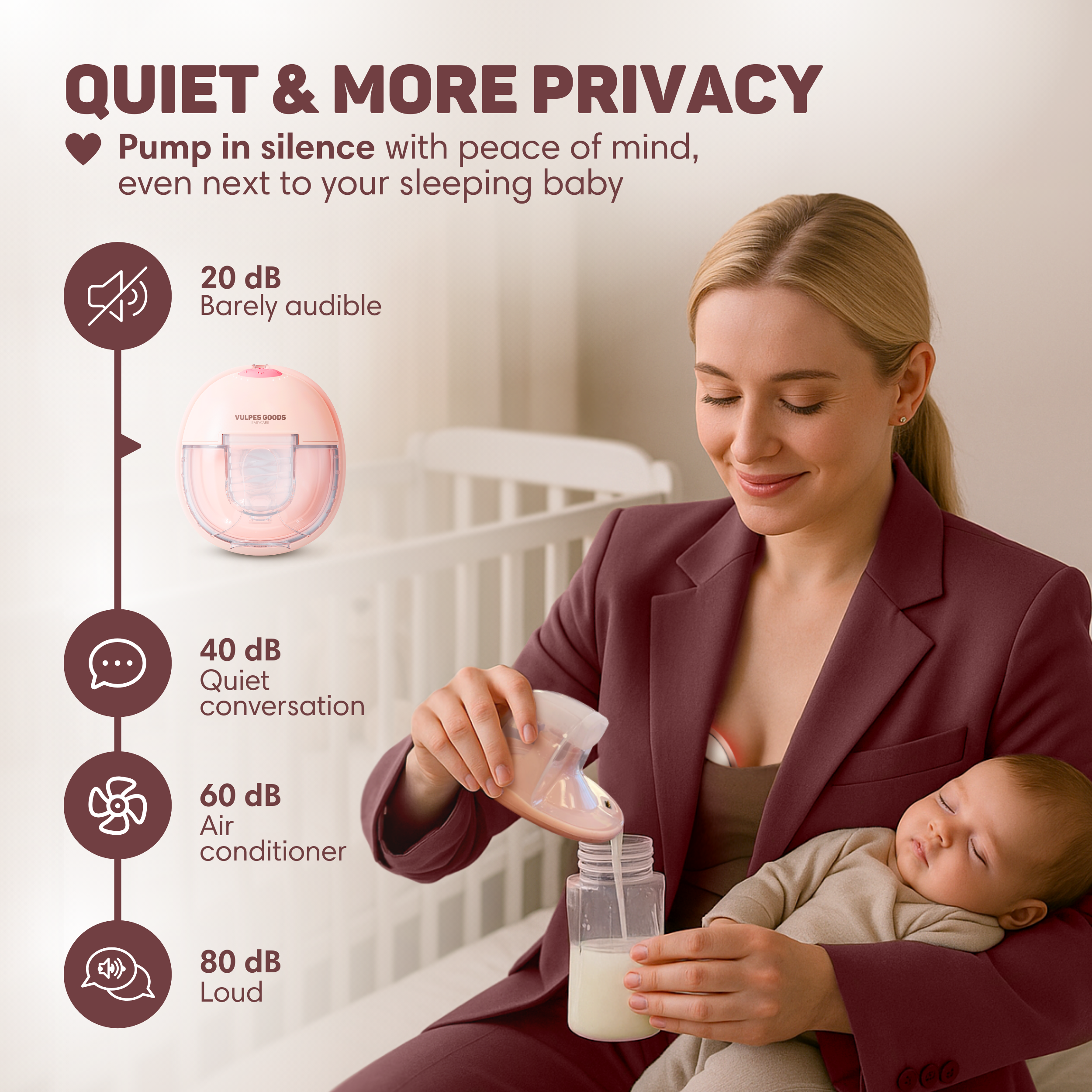 Een vrouw houdt een slapende baby vast. Een roze borstkolfapparaat staat ernaast.