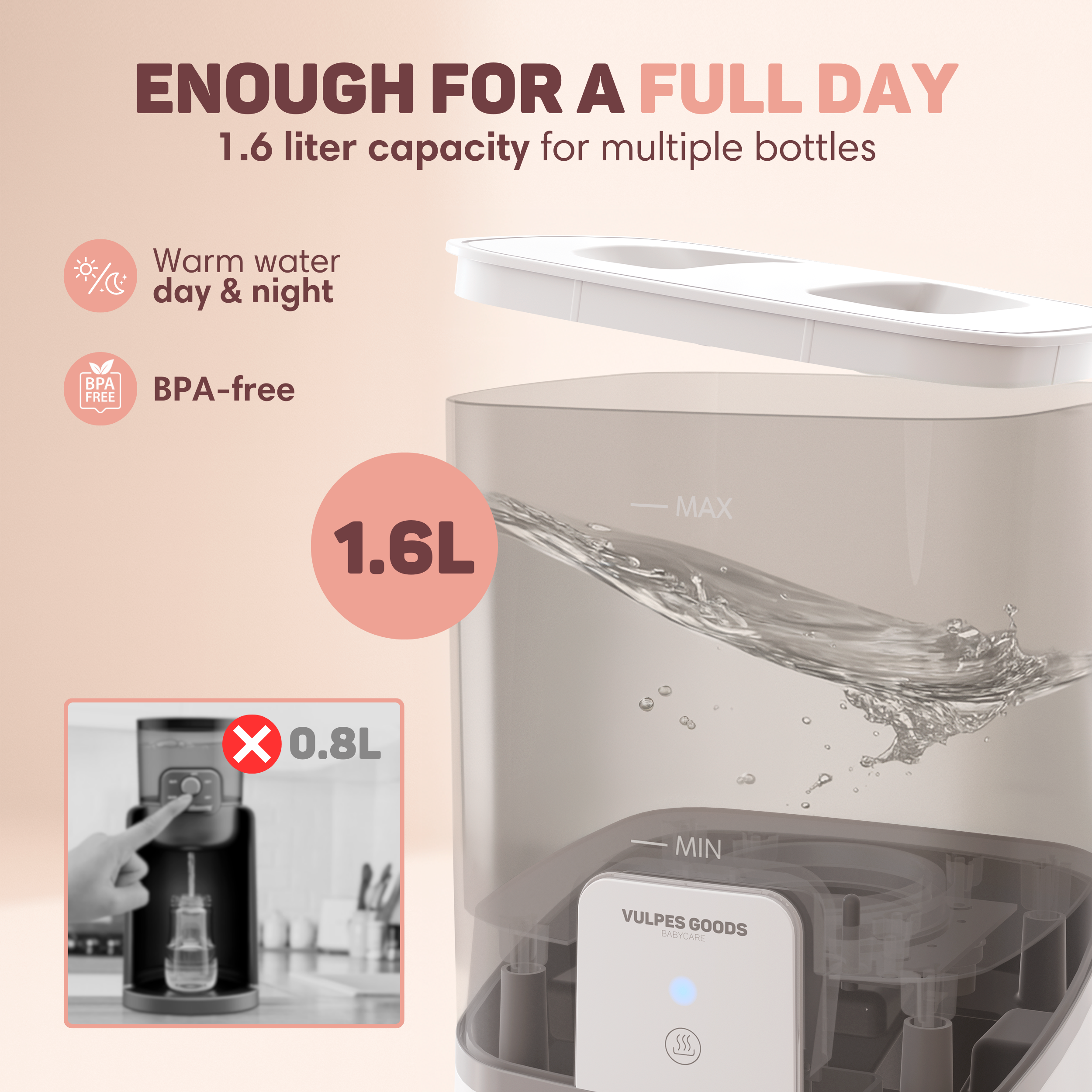 Een 1.6L BPA-vrije waterdispenser voor babyflessen, houdt water warm.