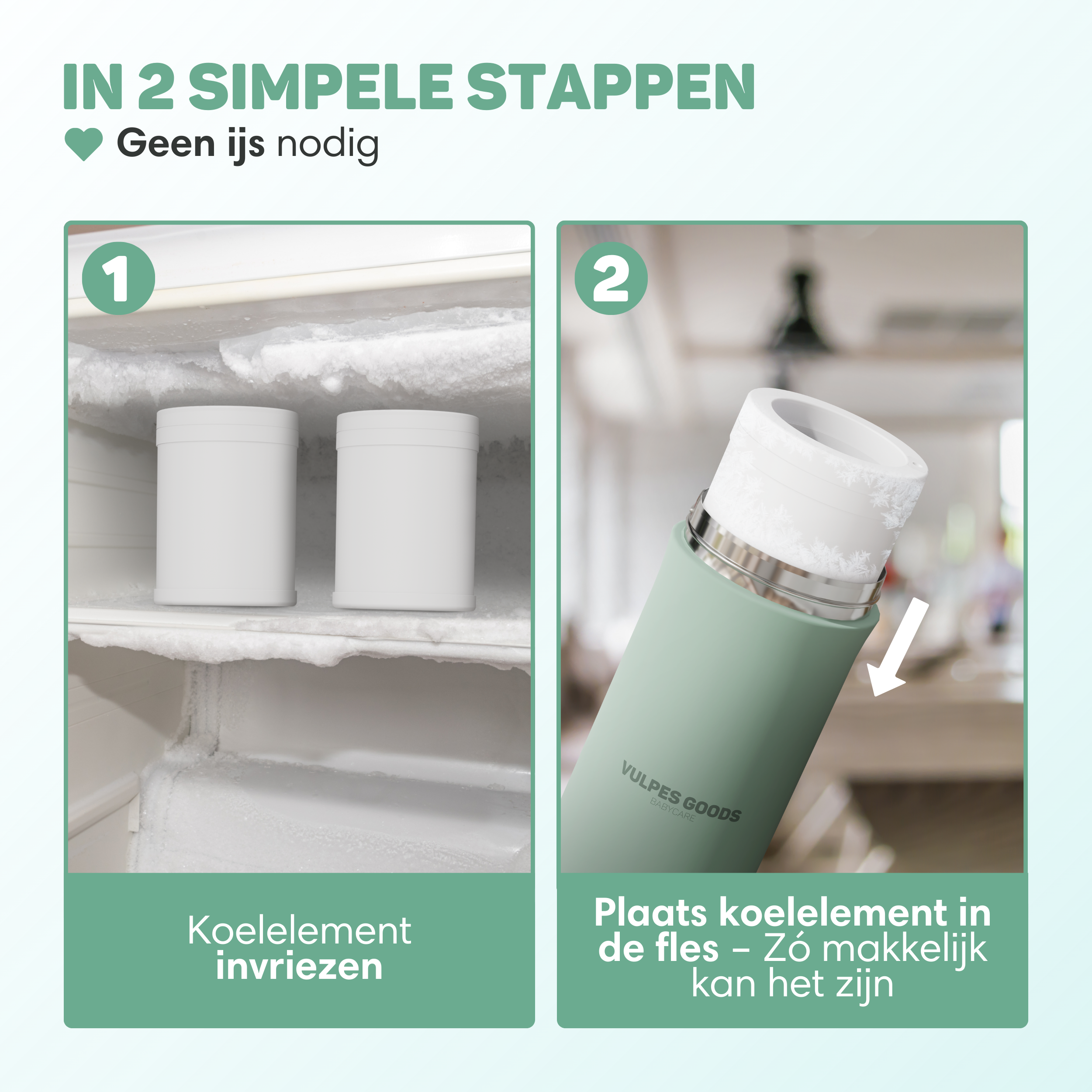Twee witte bakjes in vriezer. Groene fles met ijs en een pijl.