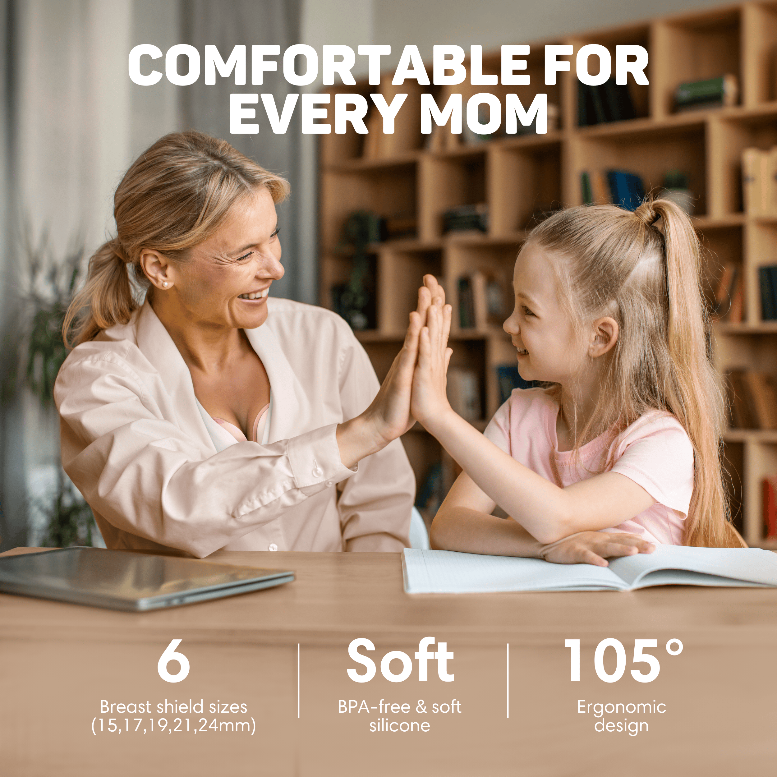 Moeder en kind geven elkaar een high-five. Tekst over comfort.