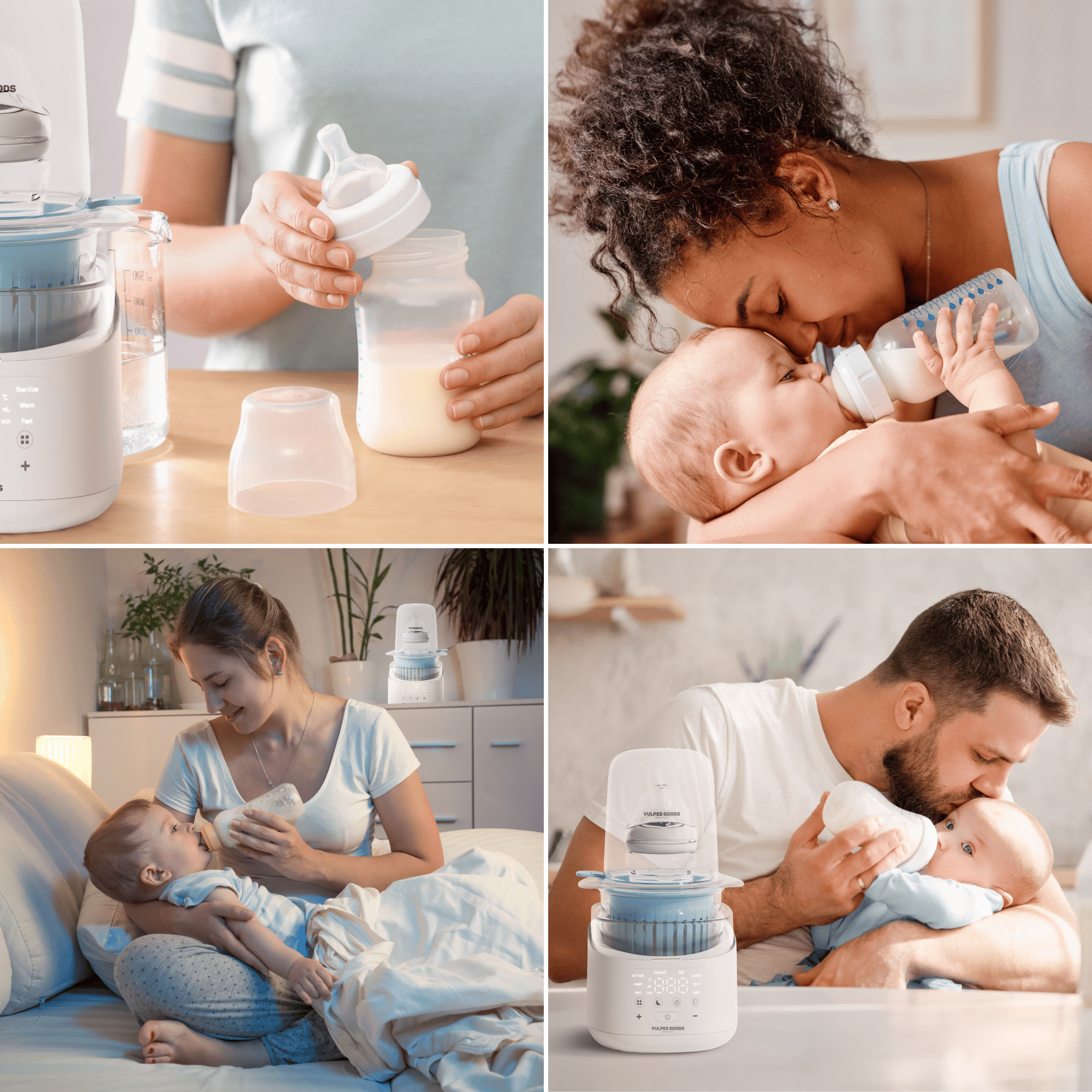 Collage toont ouders die baby's voeden met flessen en een flessenwarmer.