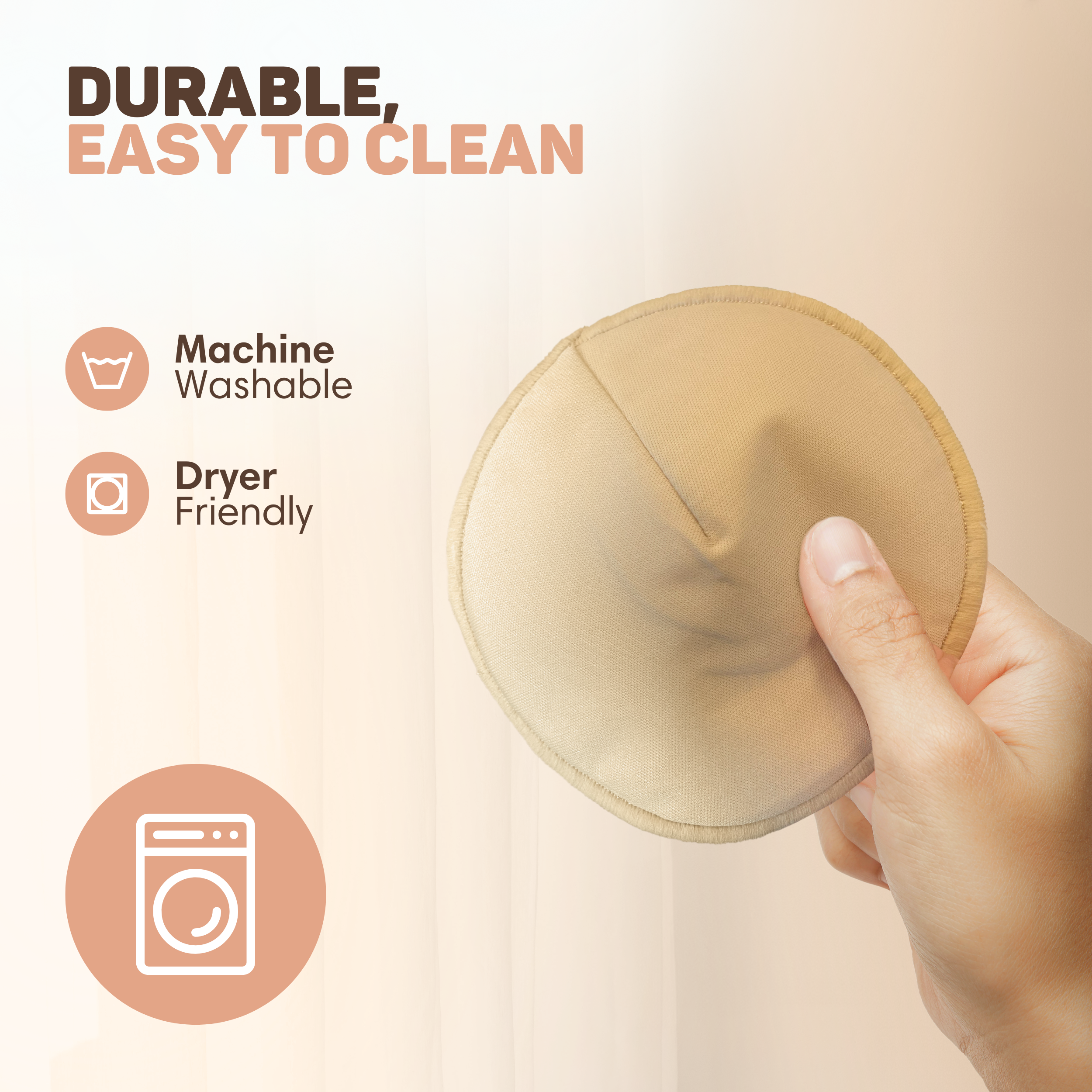 A beige pad held by a hand. Icons for washing machine and dryer.