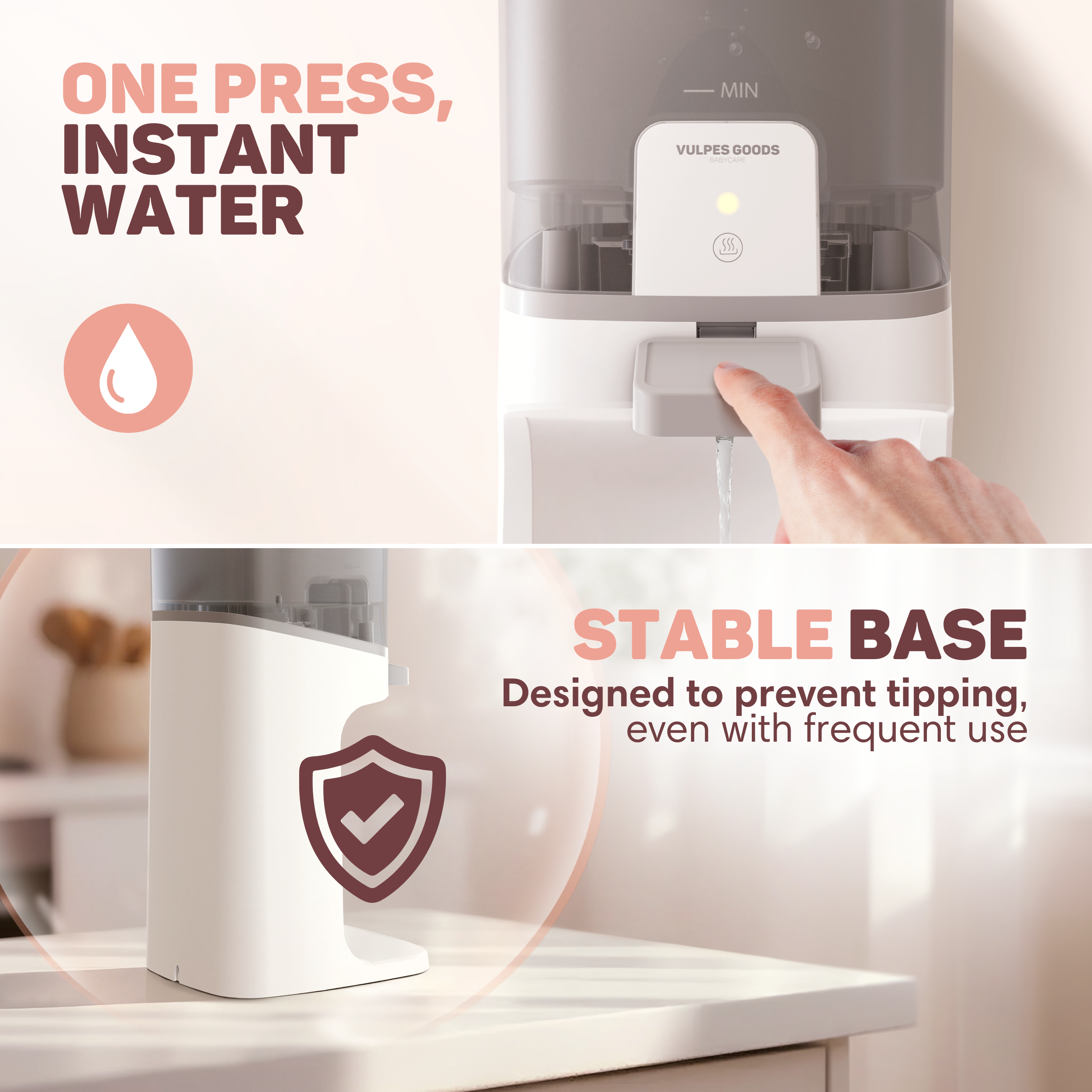 Een waterdispenser met tekst "ONE PRESS, INSTANT WATER" en een schildafbeelding.