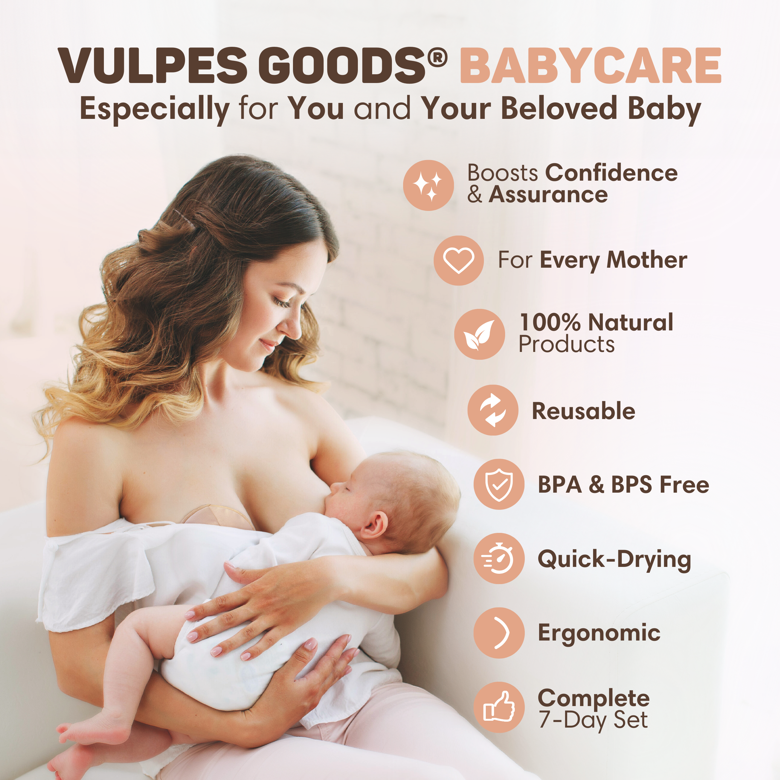 A mother breastfeeding her baby. Product benefits are listed.