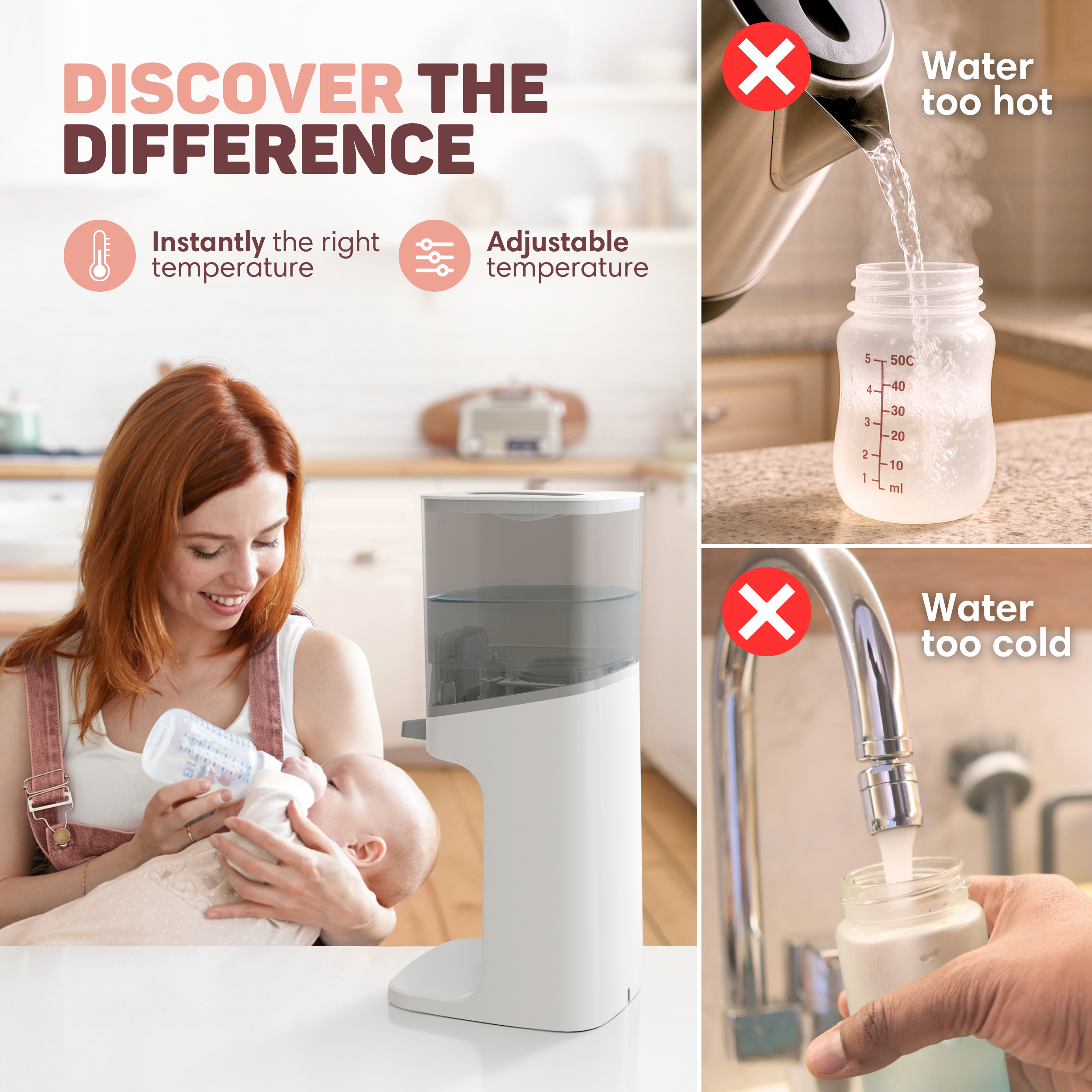 Een moeder voedt een baby. Naast hen staat een apparaat en afbeeldingen van water.