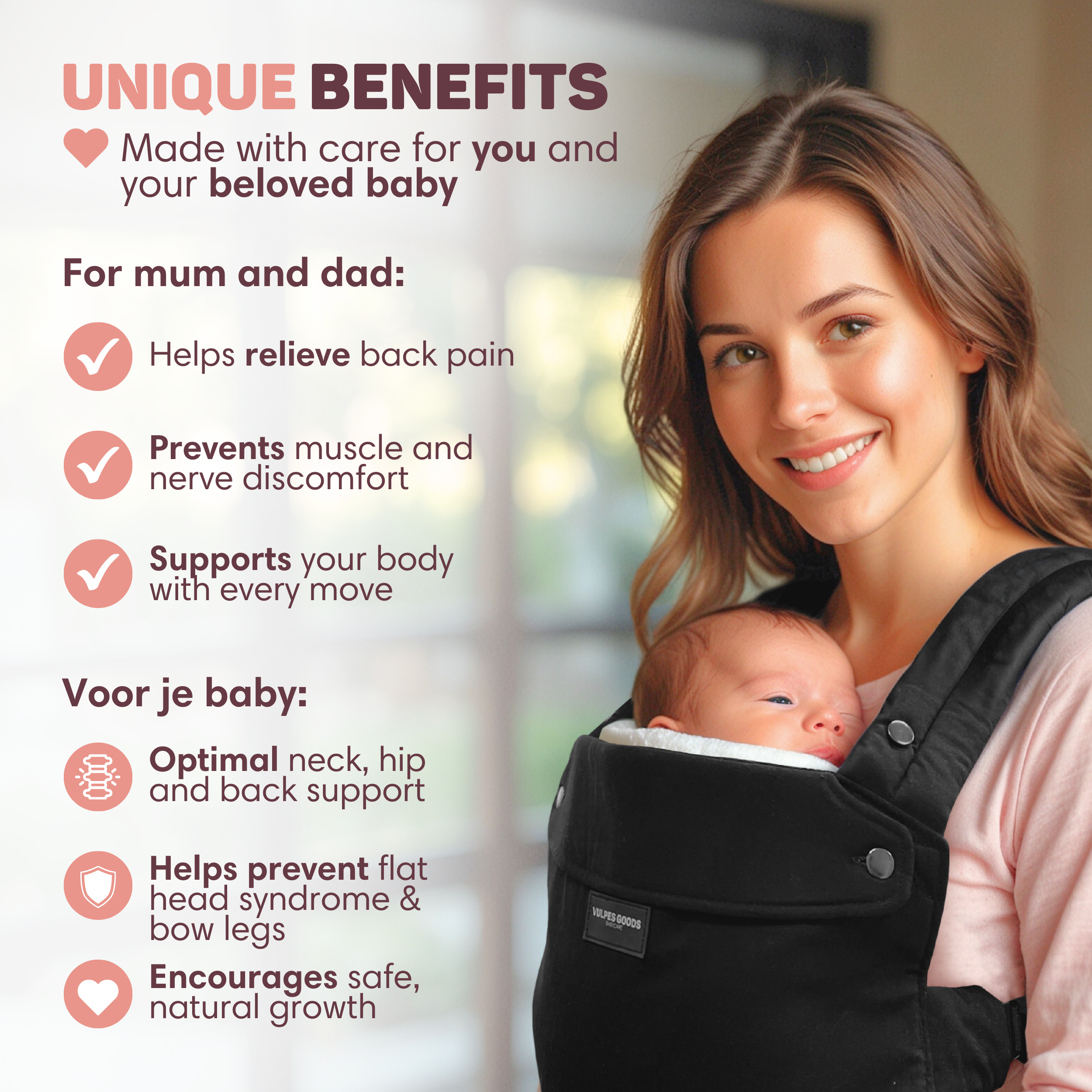 Vrouw met baby in draagzak. Tekst benadrukt voordelen voor moeder en baby.