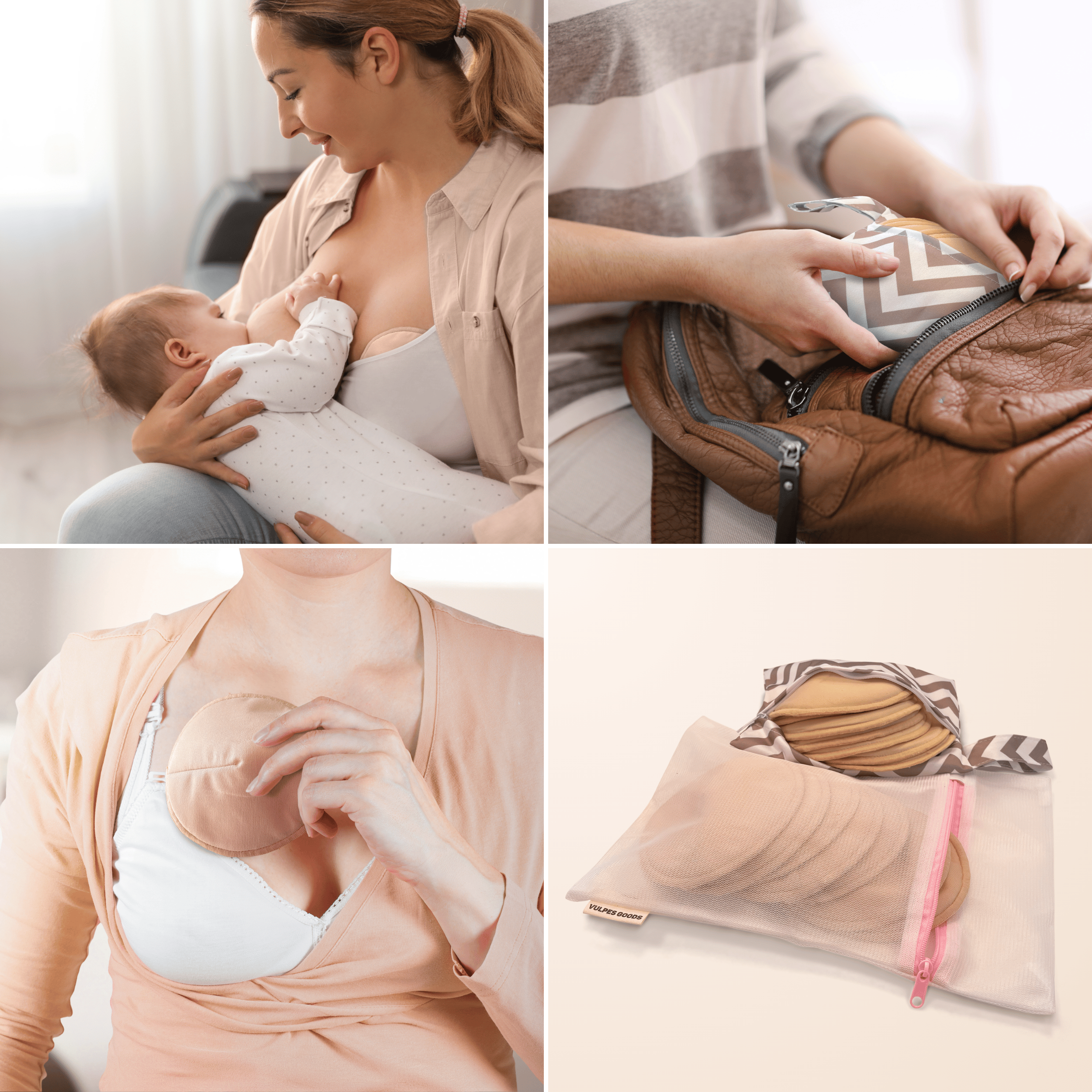 Collage: Mother breastfeeding baby, hands packing pads into bag, woman applying pad, pads in mesh bag.