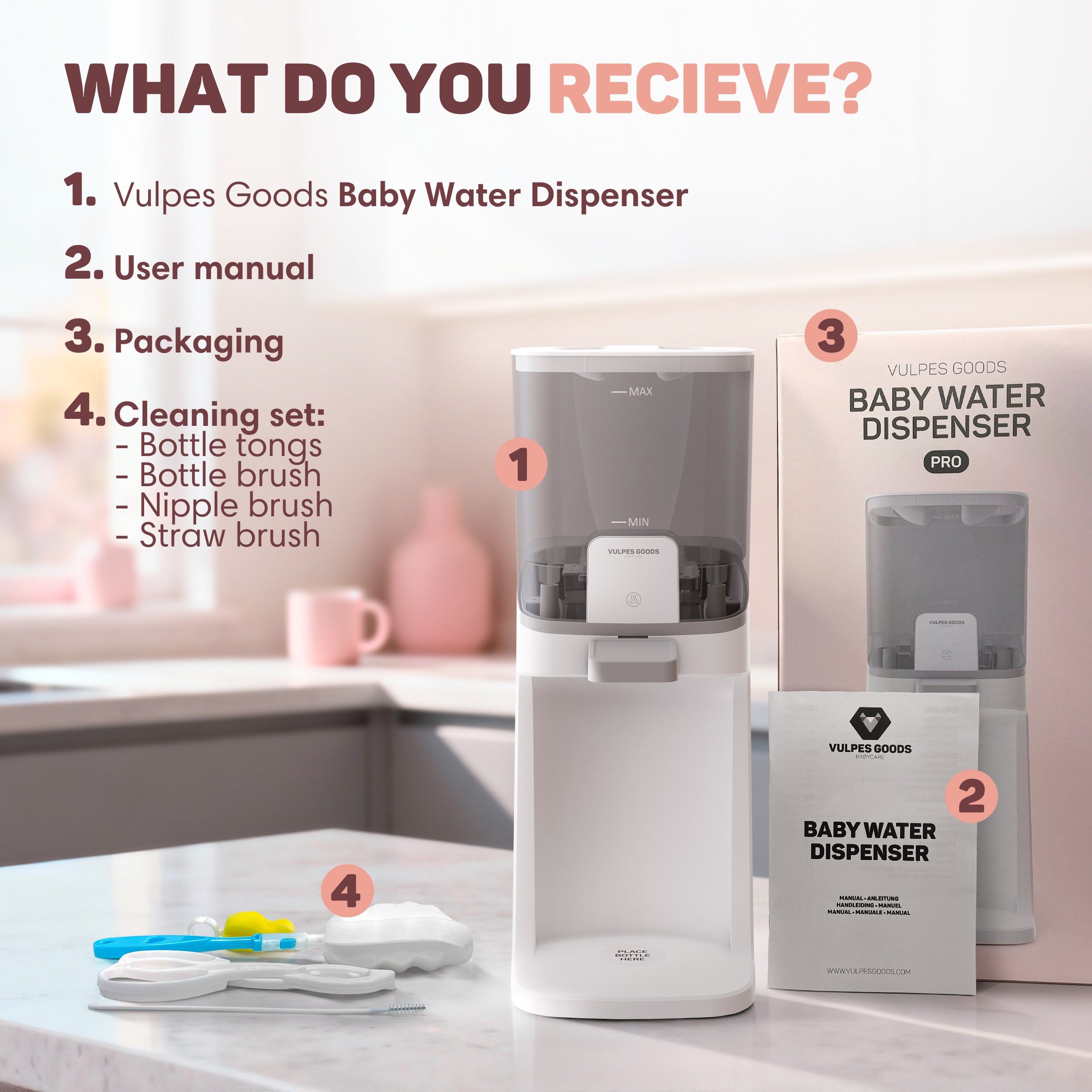 Babywaterdispenser met accessoires: dispenser, handleiding, verpakking, reinigingsset.