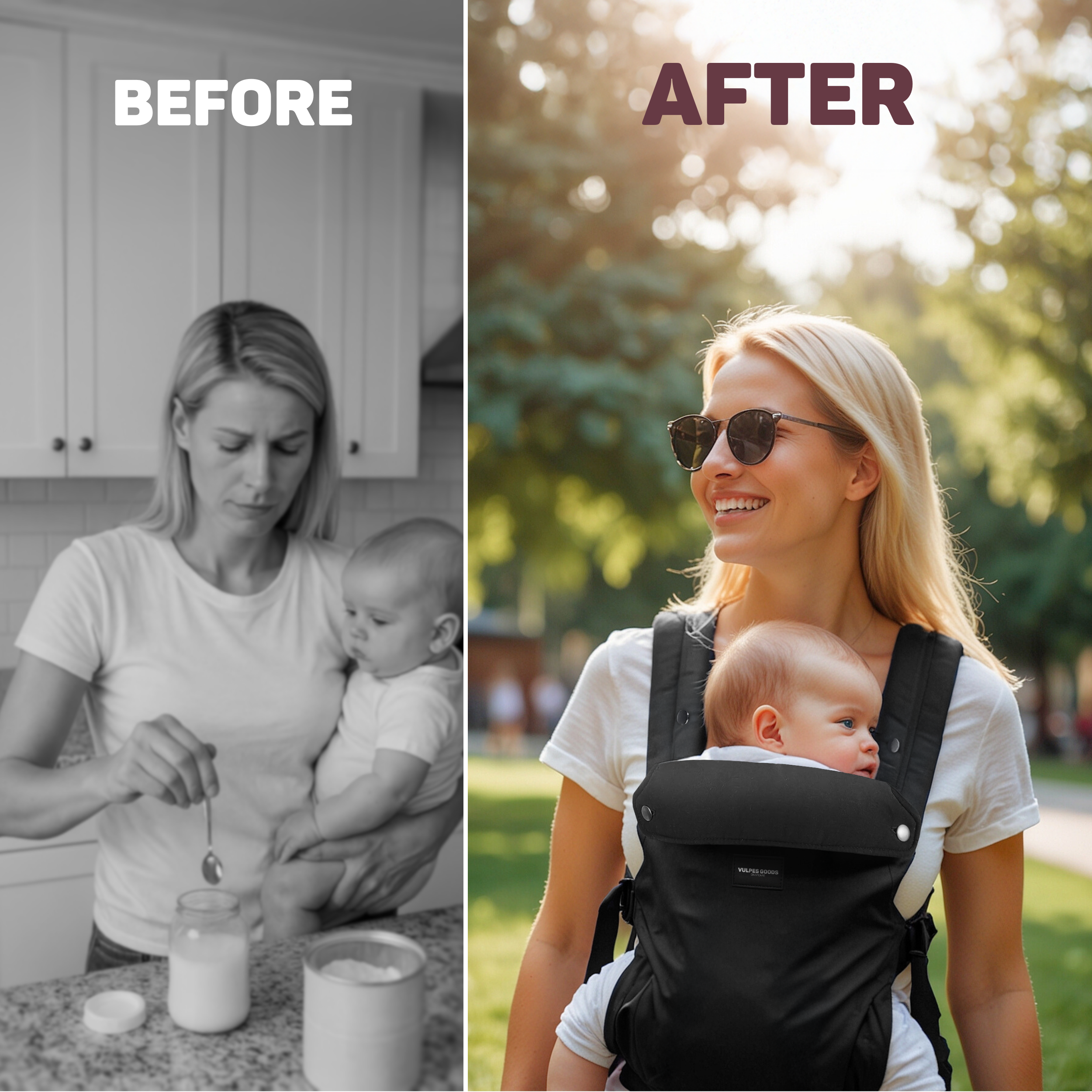 Voor: Vrouw met baby in keuken. Na: Vrouw met baby in draagzak buiten.