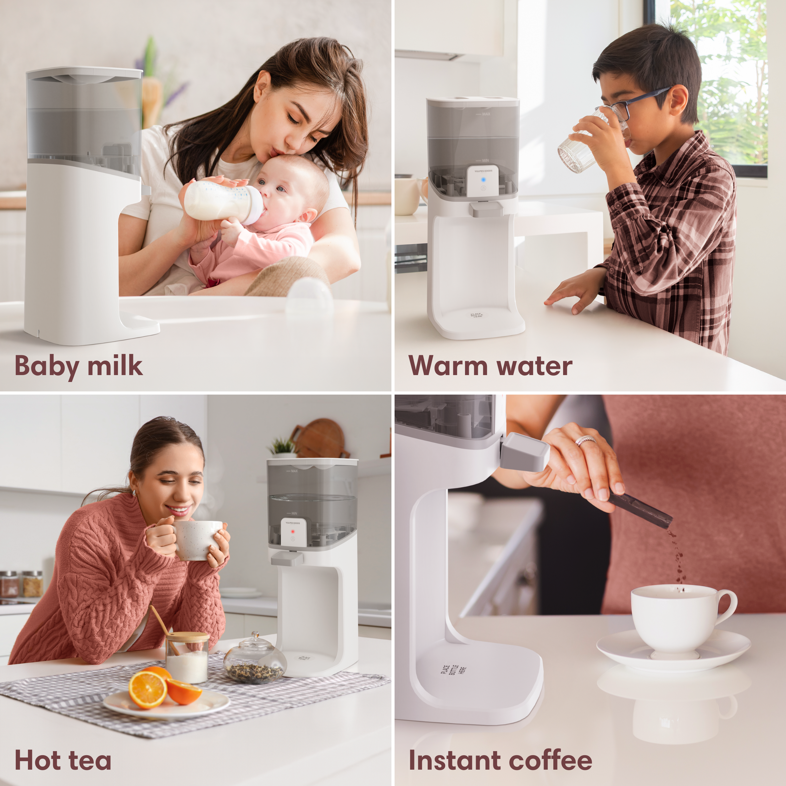 Moeder geeft baby melk. Jongen drinkt water. Vrouw drinkt thee. Poeder wordt in koffie gegoten.