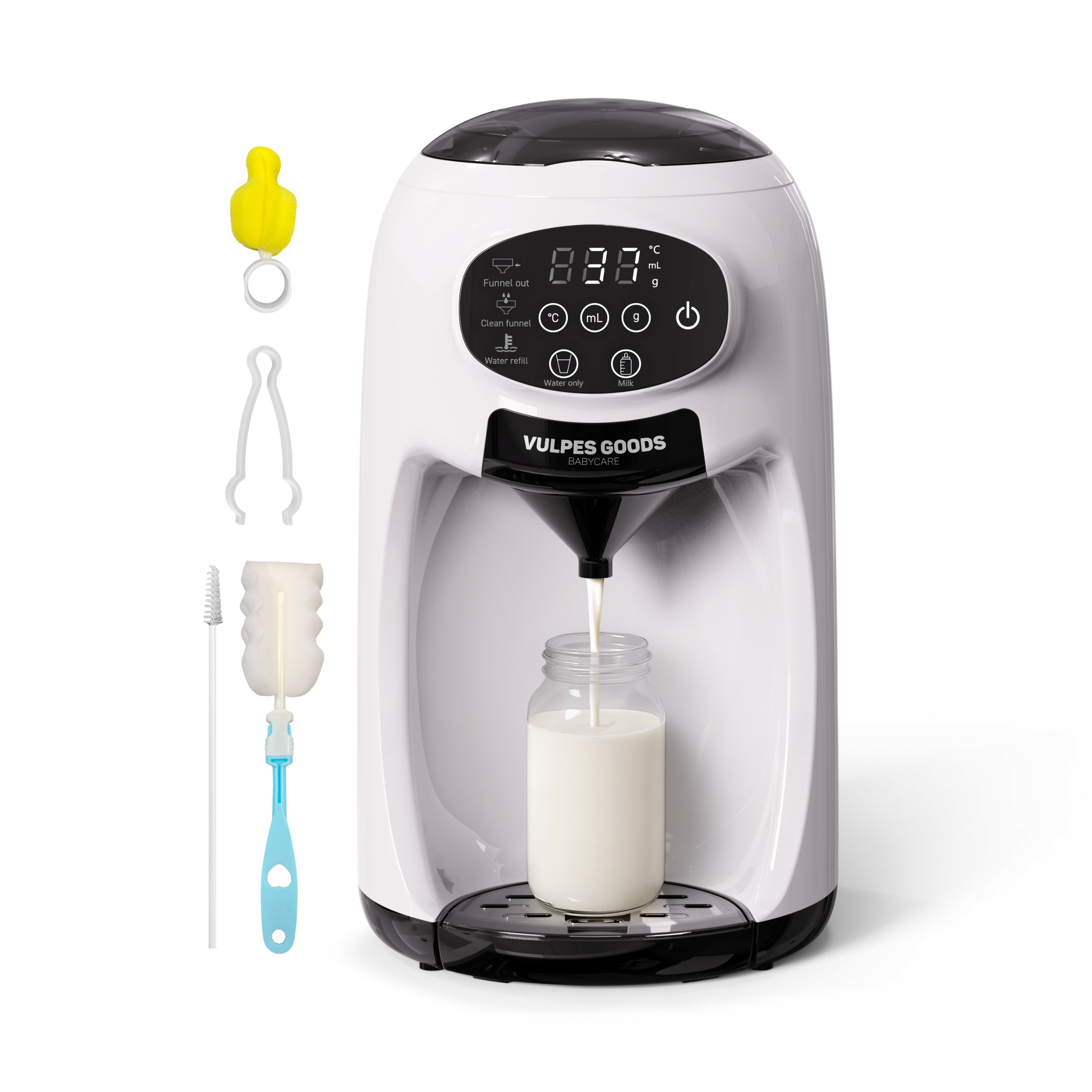 Een witte babyfleswarmer met accessoires, die melk in een fles doet.