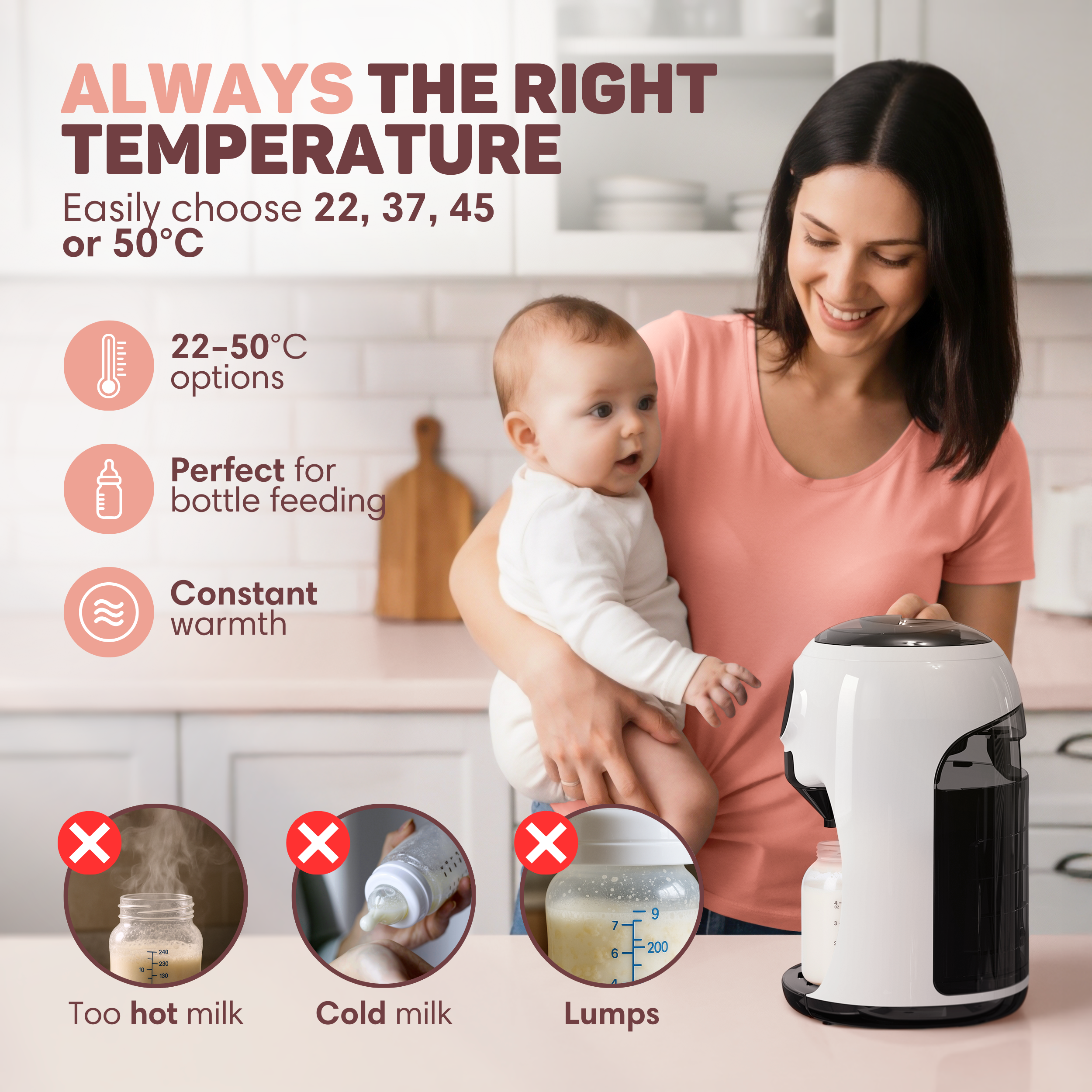 Vrouw met baby naast flessenwarmer met menu en waarschuwingspictogrammen.