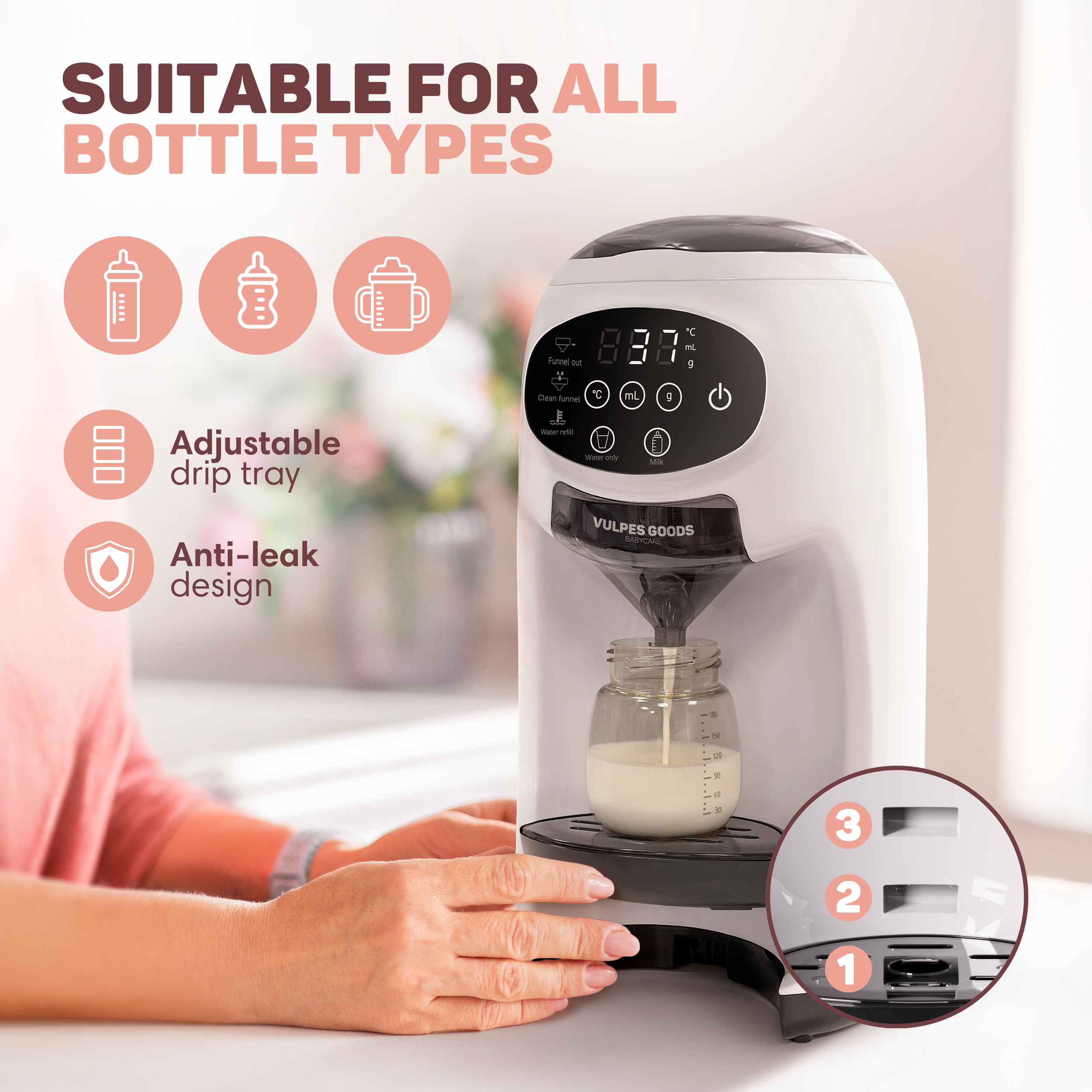 Babyflesverwarmer met digitaal display, melk wordt in fles gegoten.