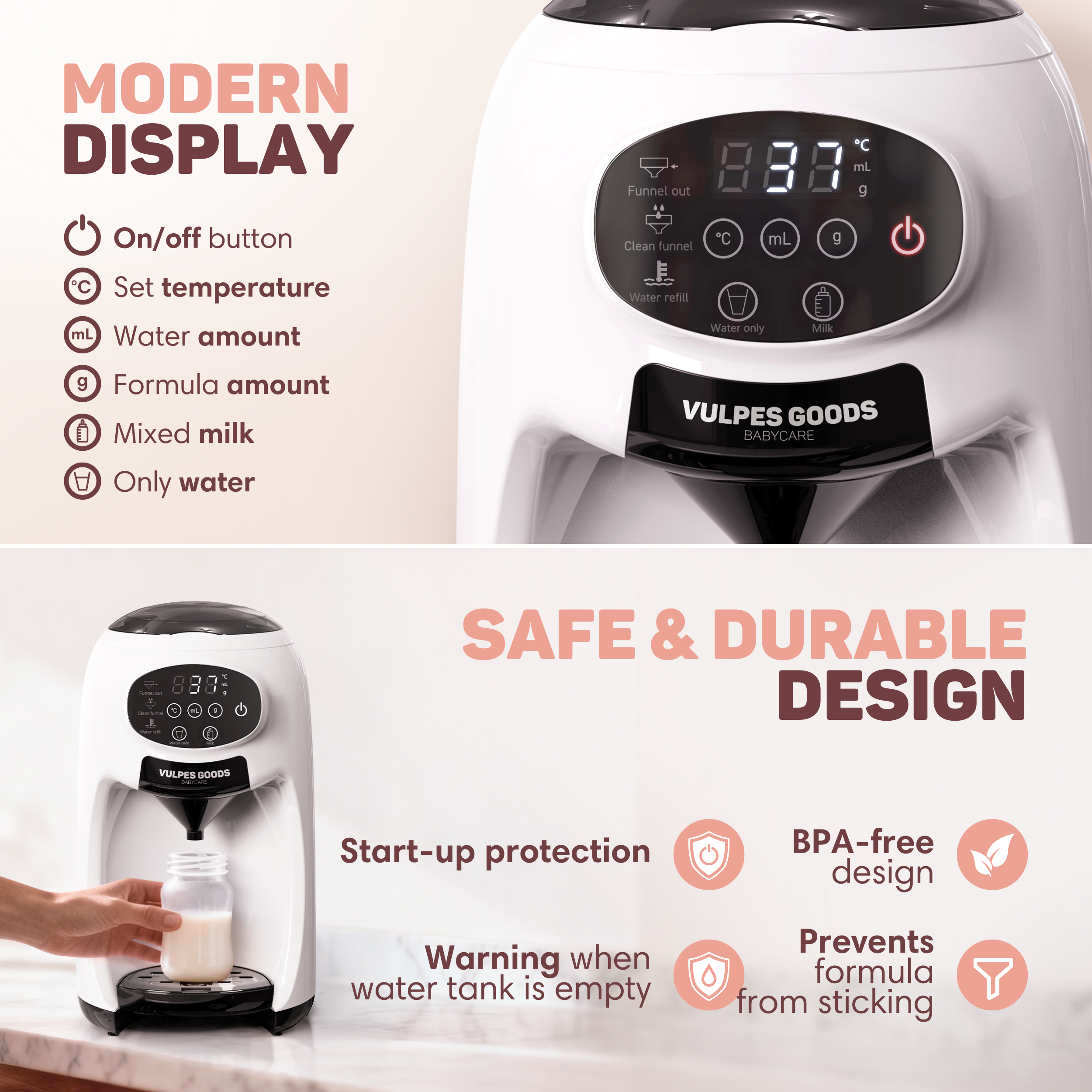 Een witte flessenwarmer met digitaal display en bedieningsknoppen.