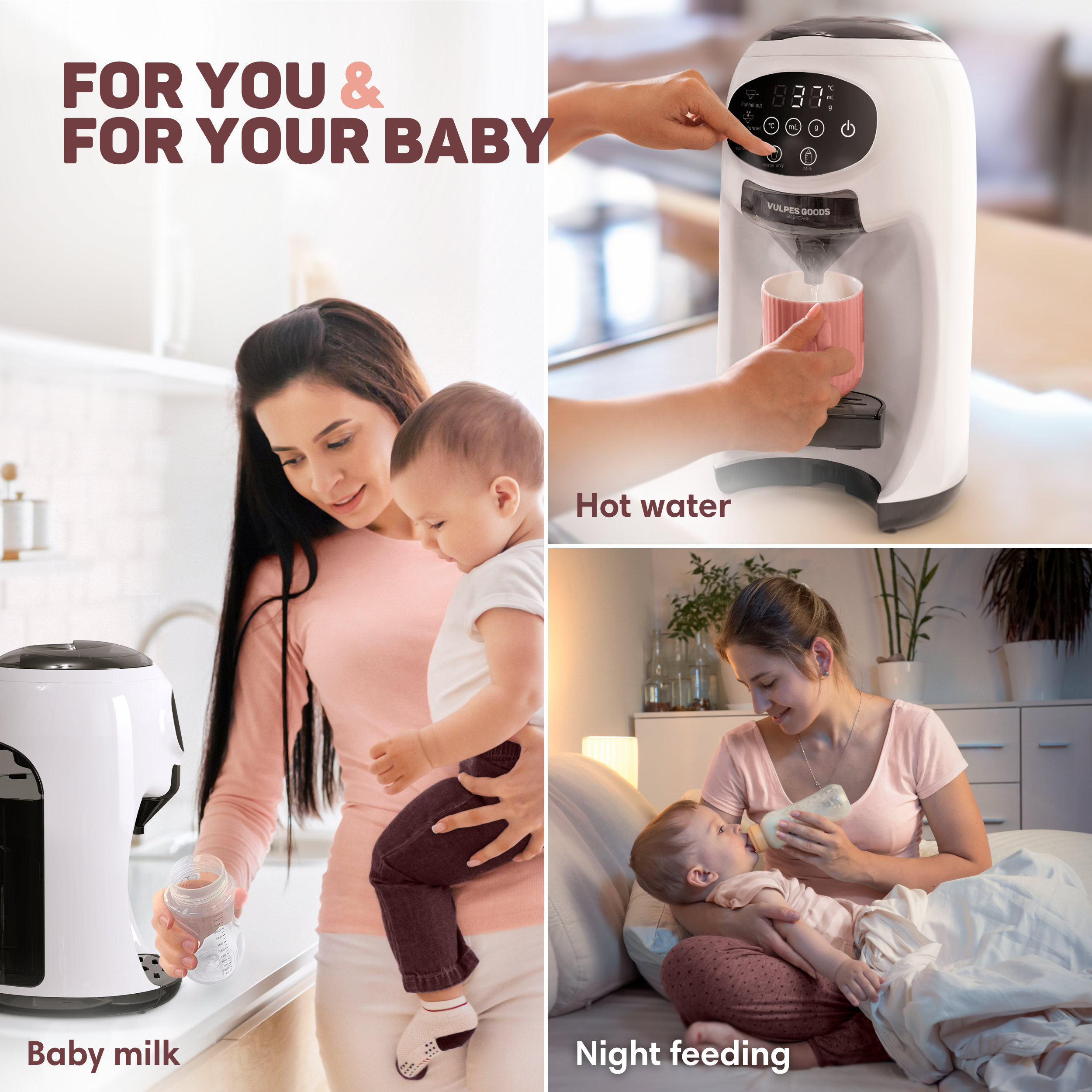 Een babyflesverwarmer met baby en moeder in verschillende scenario's.