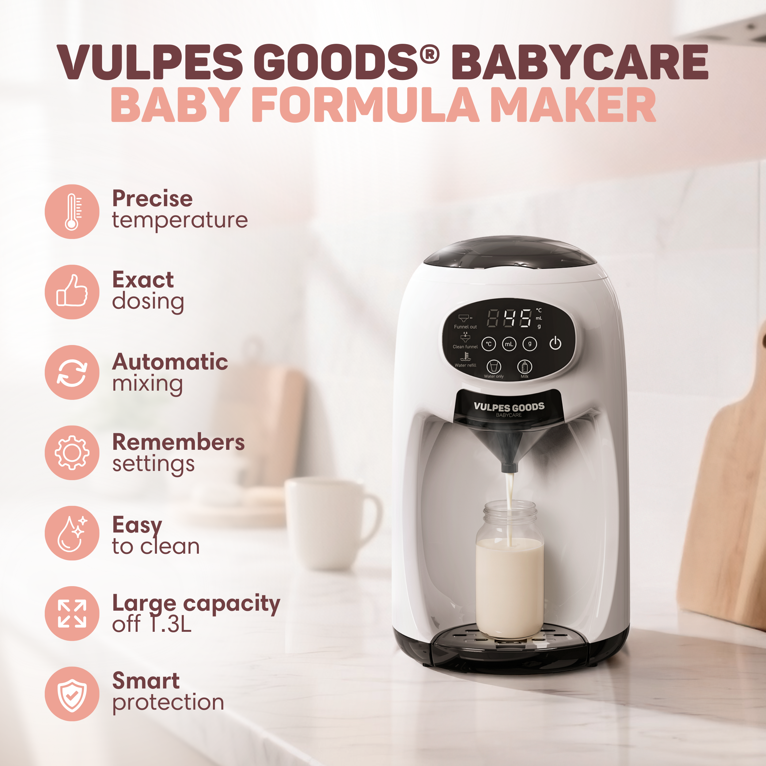 Witte babyvoedingmaker die vloeistof in een fles doseert. Kenmerken vermeld.