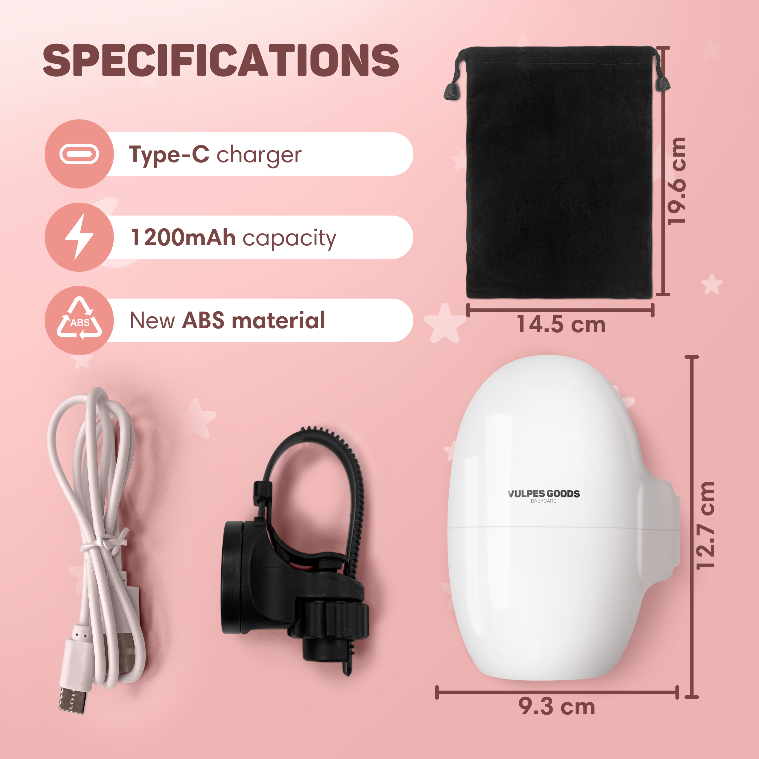 Specifications: Type-C charger, 1200mAh, ABS. Accessories: Pouch, mount.