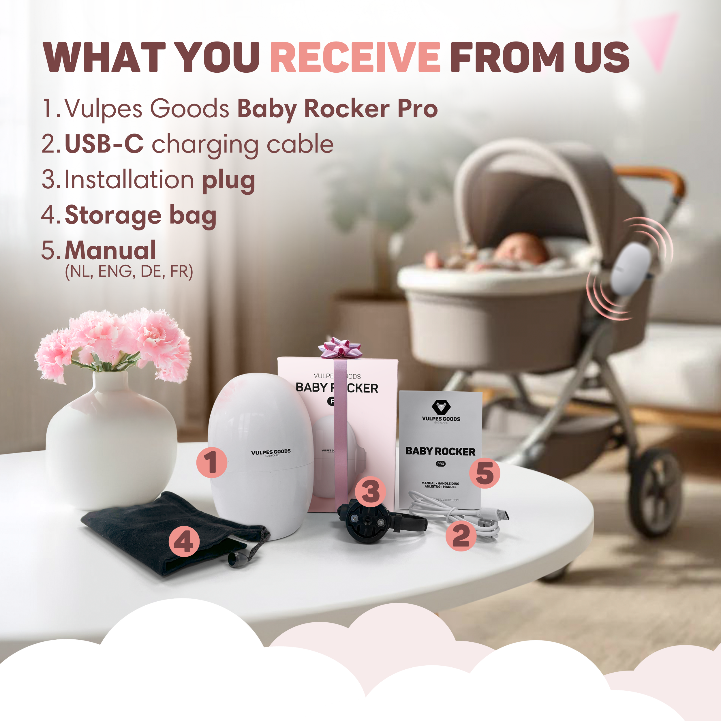 Baby rocker accessories: rocker, cable, mount, bag, and manual.