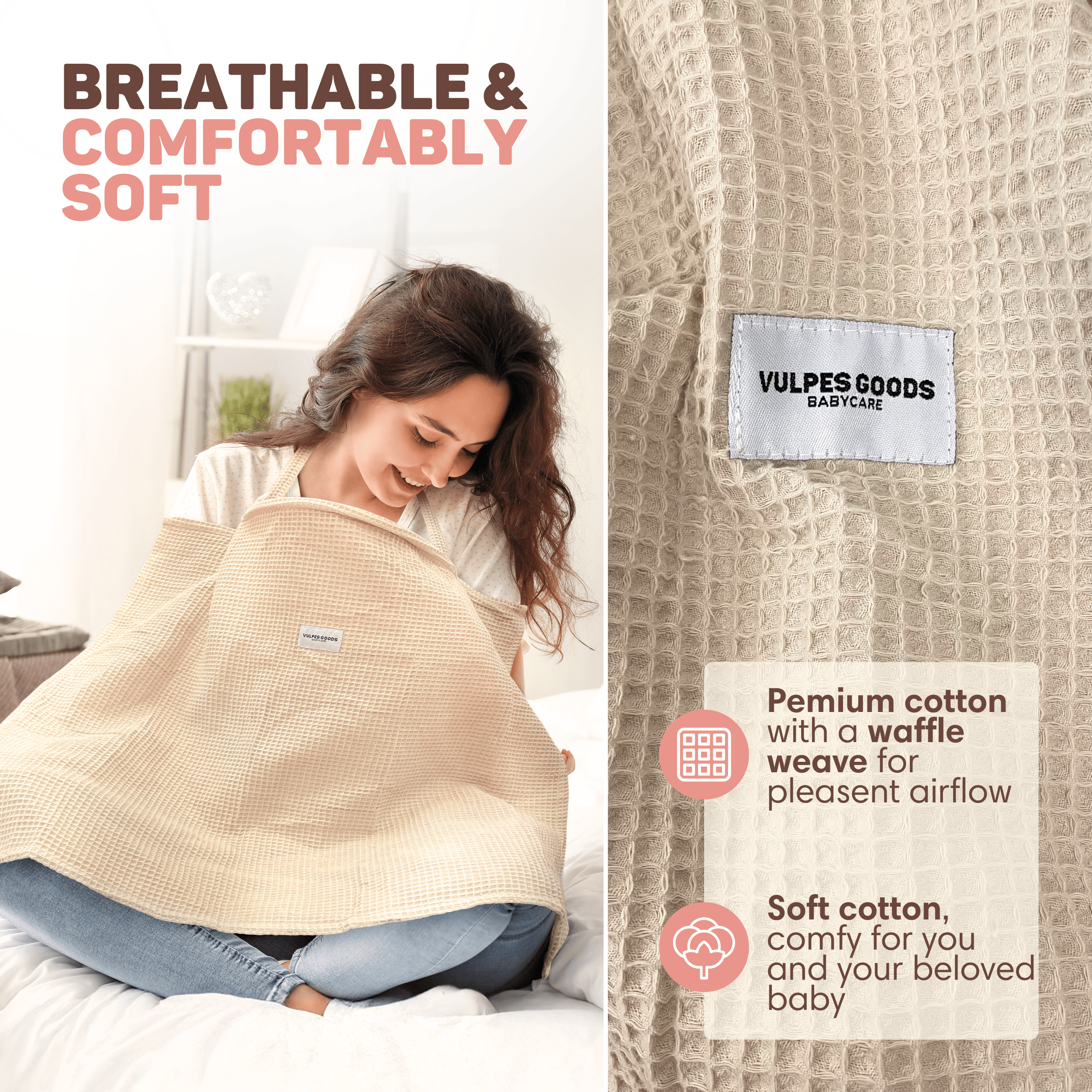 Een vrouw met een beige wafelstof voedingsdoek met label.