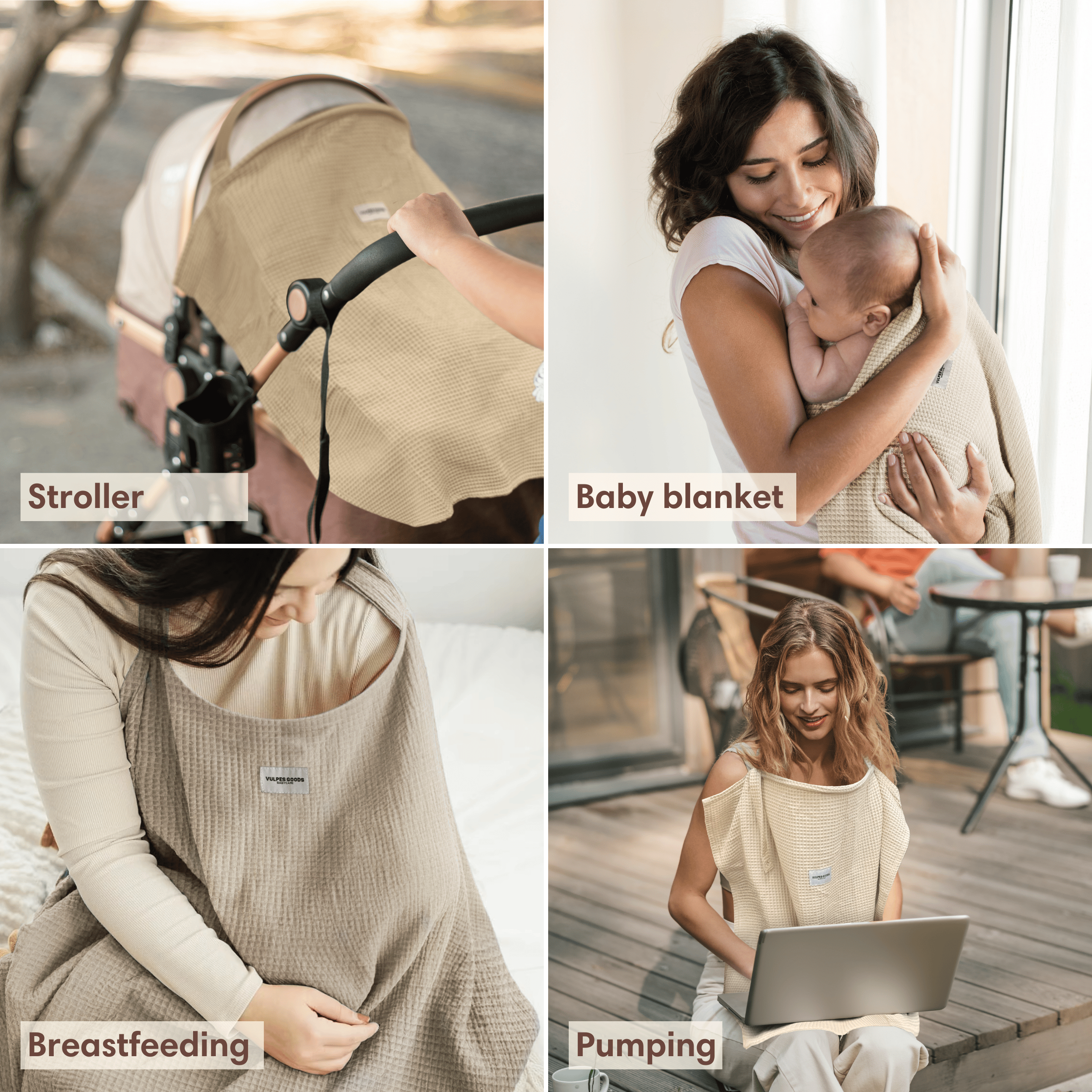 Vier scènes: kinderwagen, moeder met baby, borstvoeding, vrouw met laptop buiten.