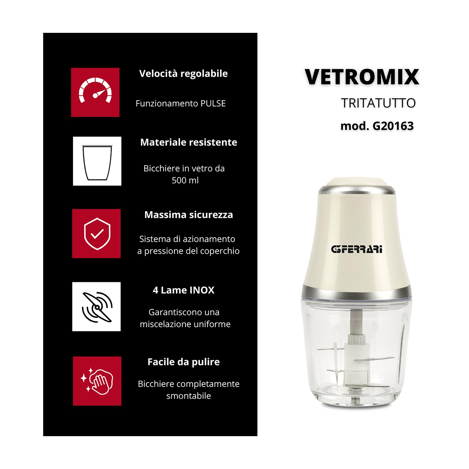 Un tritatutto color crema con ciotola in vetro e quattro lame.