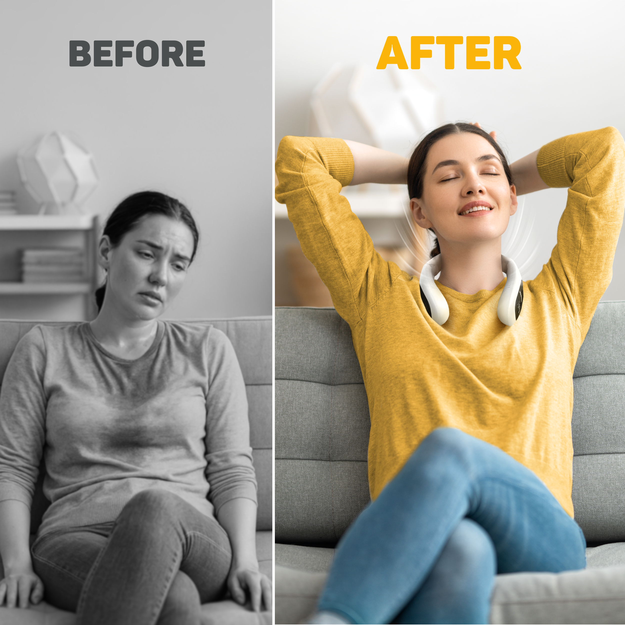 Before: Woman unhappy. After: Woman relaxing with neck fan.